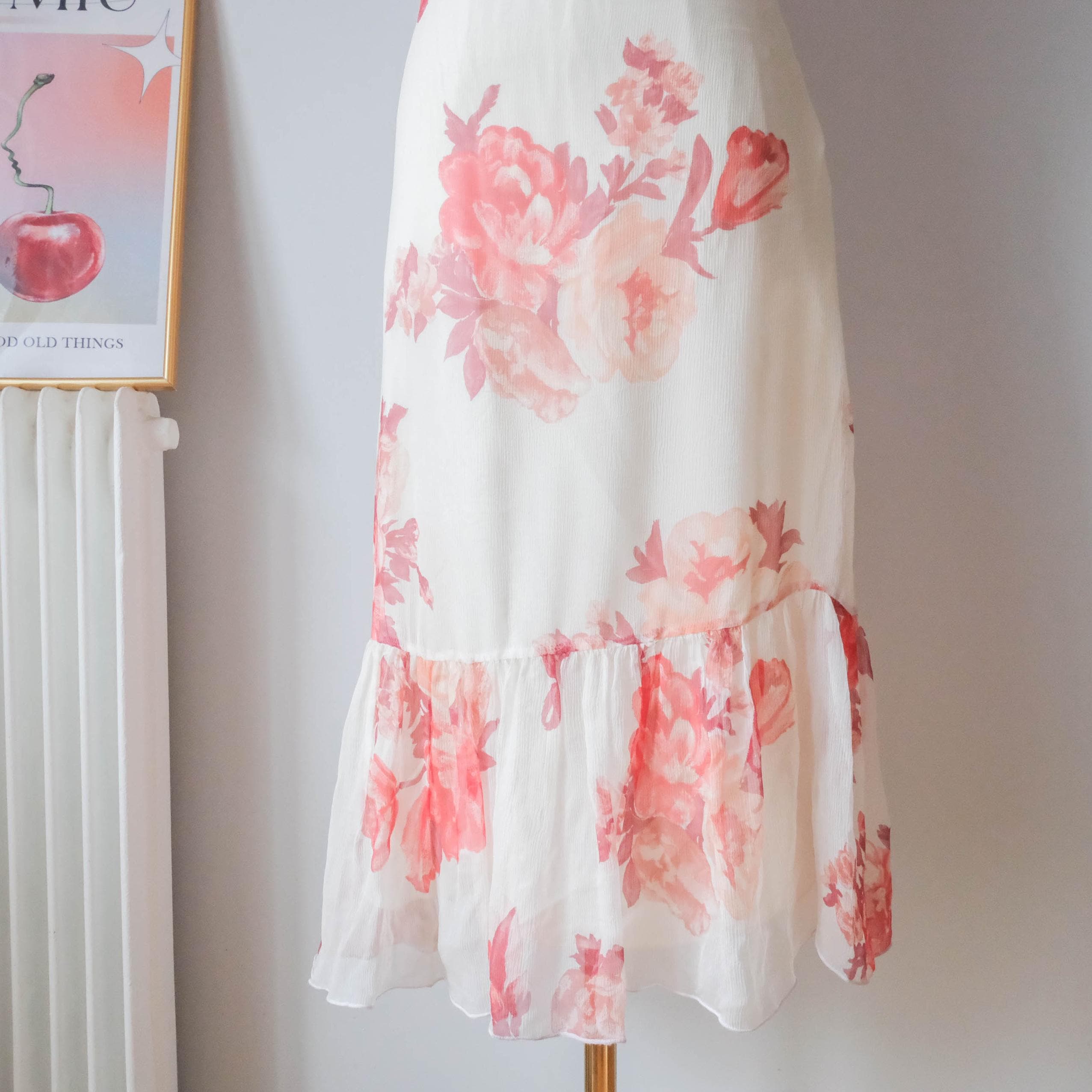 Vintage Cottage Off Shoulder Silk Dress with Ruffle