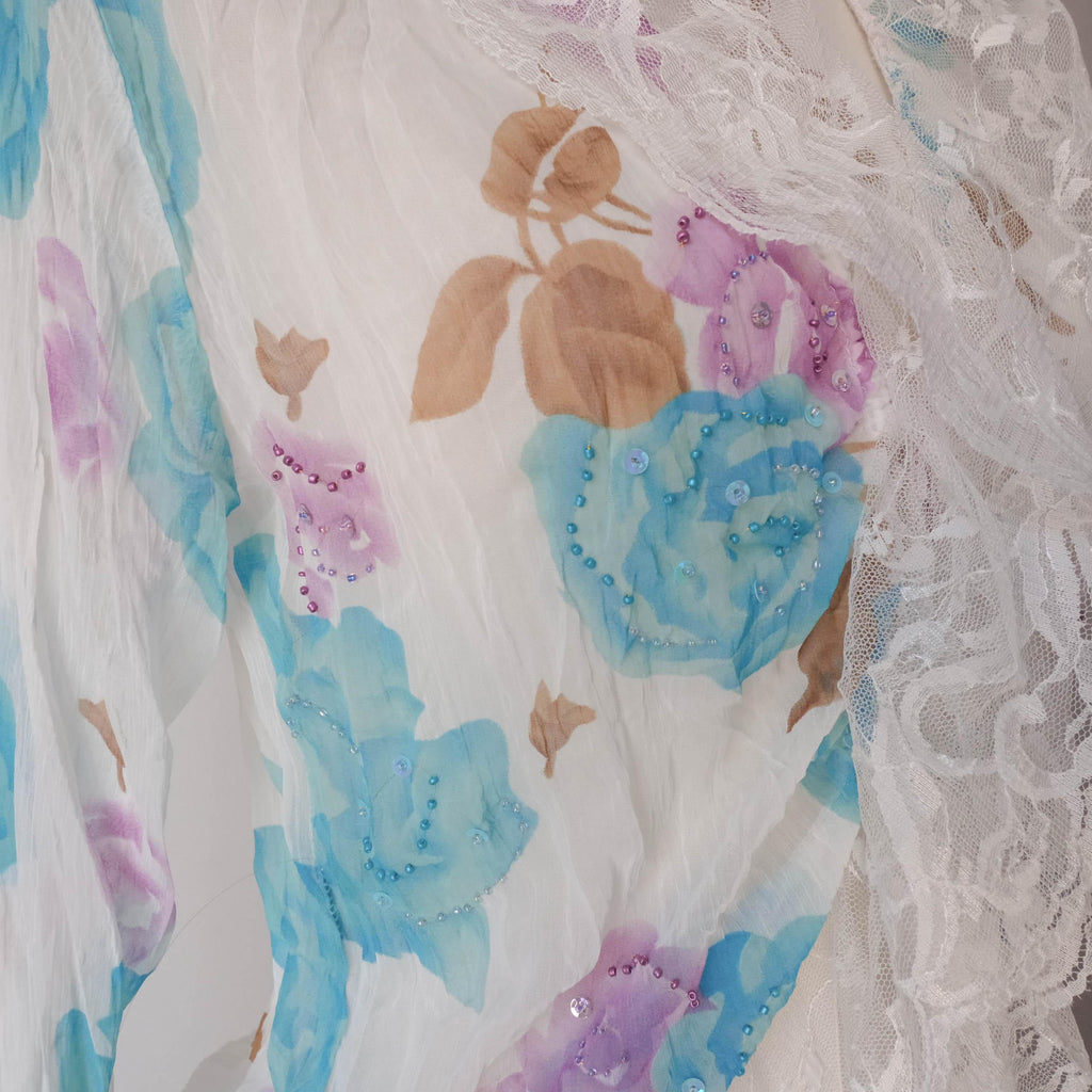 Floral Roses Beaded Sheer Lace Ruffle Blouse