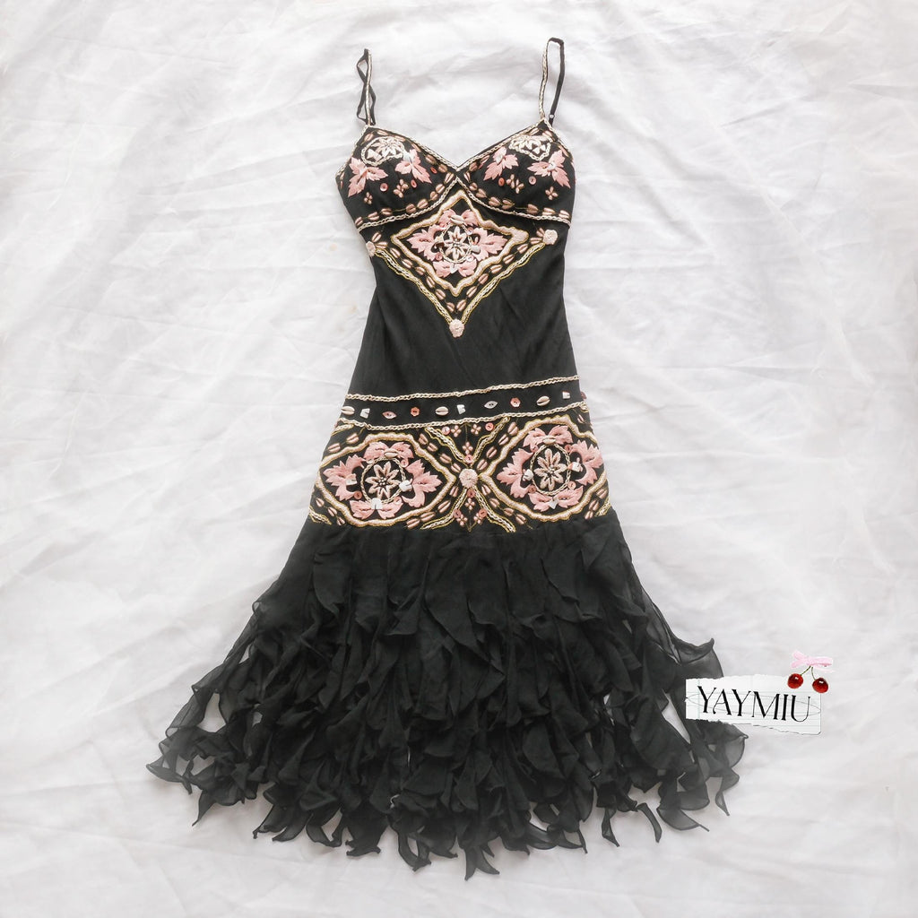 Vintage Black Silk & Seashell Bead Embellished Ruffle Midi Dress Gown
