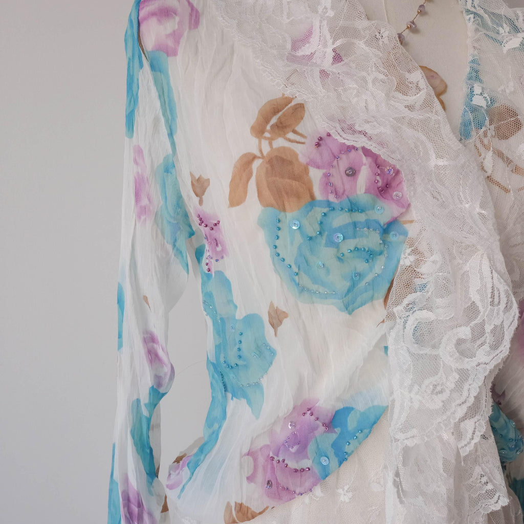 Floral Roses Beaded Sheer Lace Ruffle Blouse