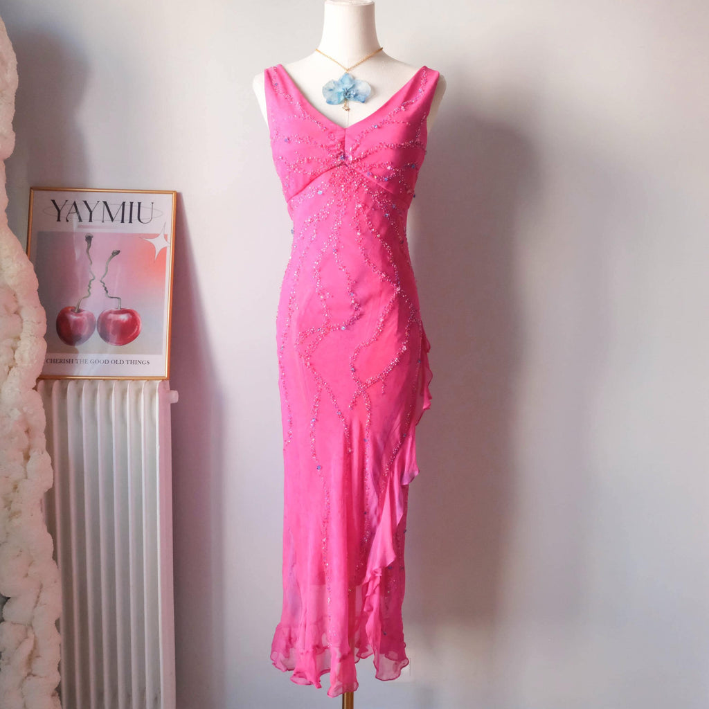 Vintage Beaded Water-Print Ruffle Gown Dress