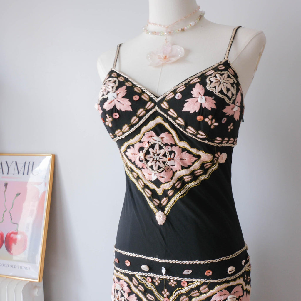 Vintage Black Silk & Seashell Bead Embellished Ruffle Midi Dress Gown