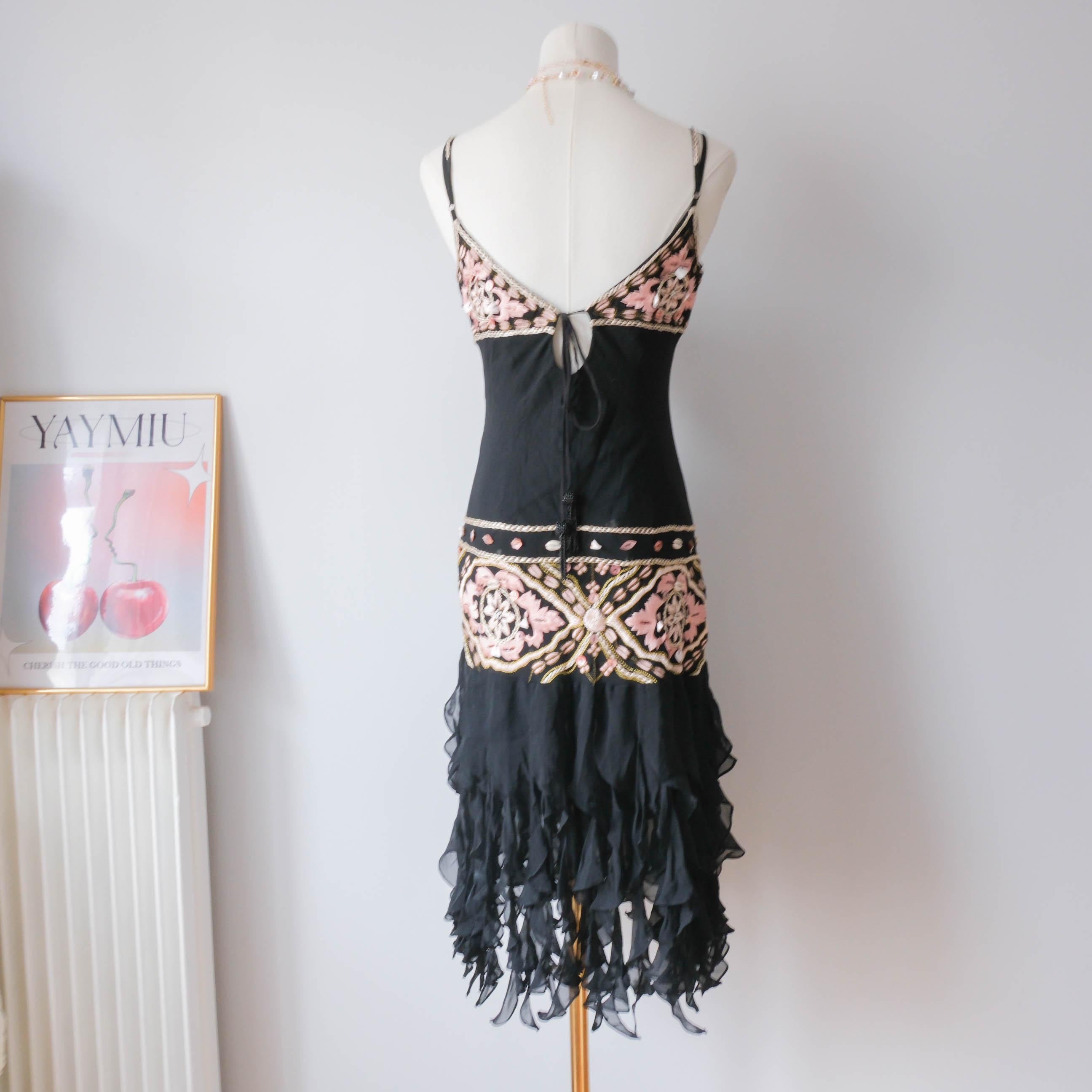 Vintage Black Silk & Seashell Bead Embellished Ruffle Midi Dress Gown