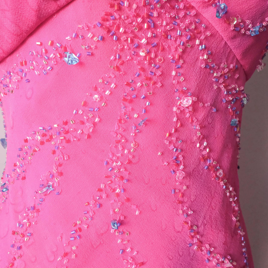 Vintage Beaded Water-Print Ruffle Gown Dress