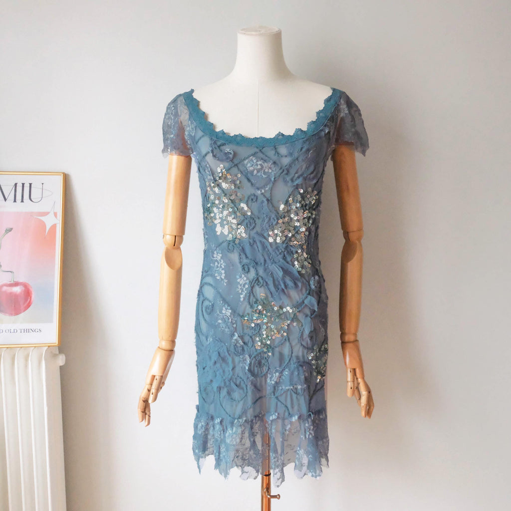 Vintage Embellished Off Shoulder Mini Dress
