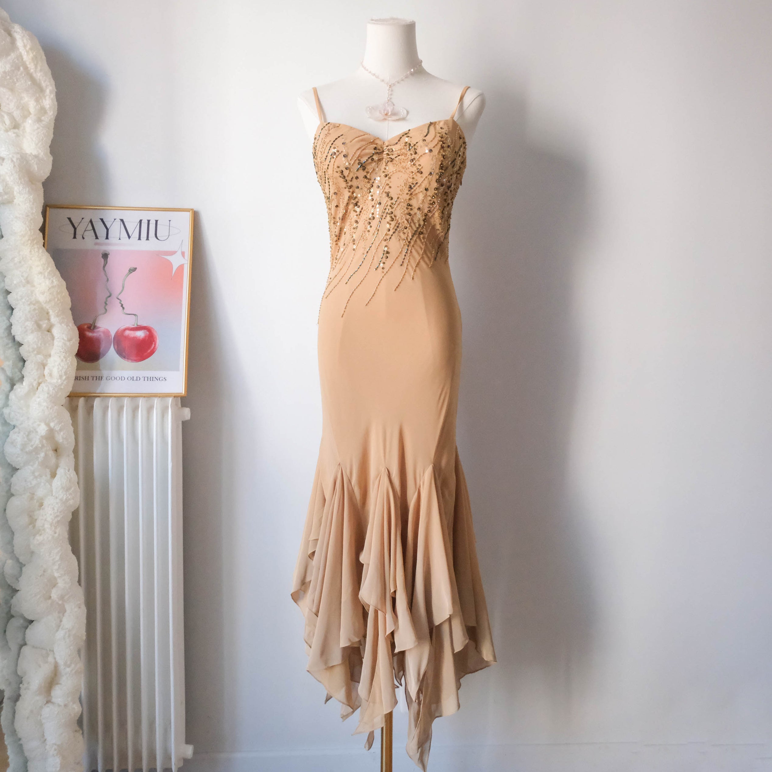 Vintage Beaded Gown Prom Dress - Sand