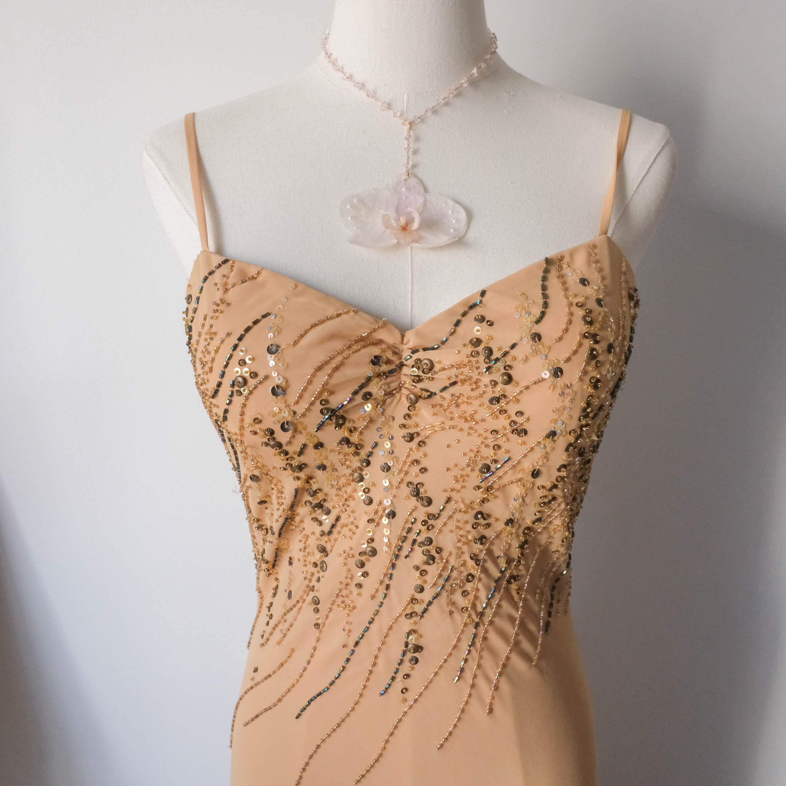 Vintage Beaded Gown Prom Dress - Sand