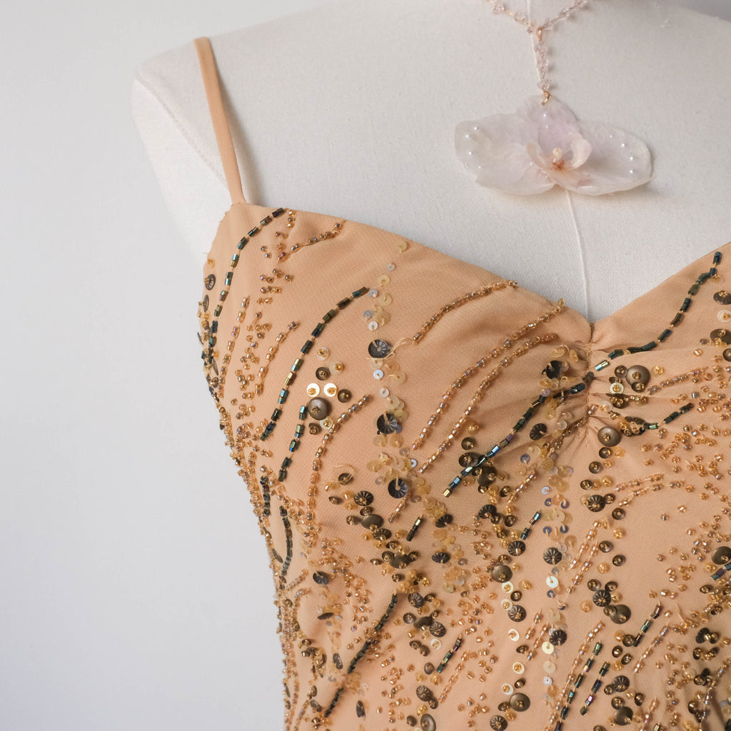 Vintage Beaded Gown Prom Dress - Sand