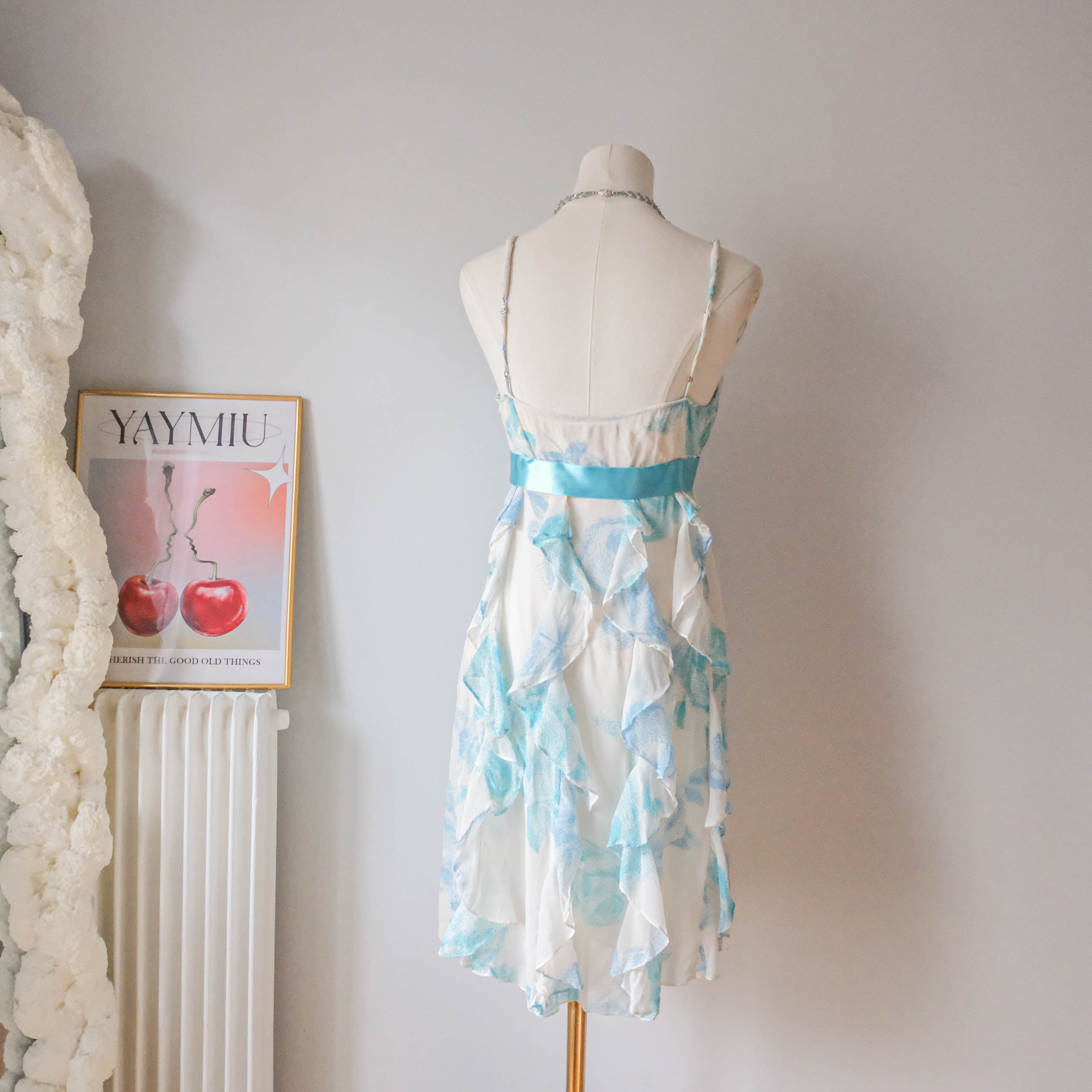 Vintage Romantic Floral Ruffled Silk Dress