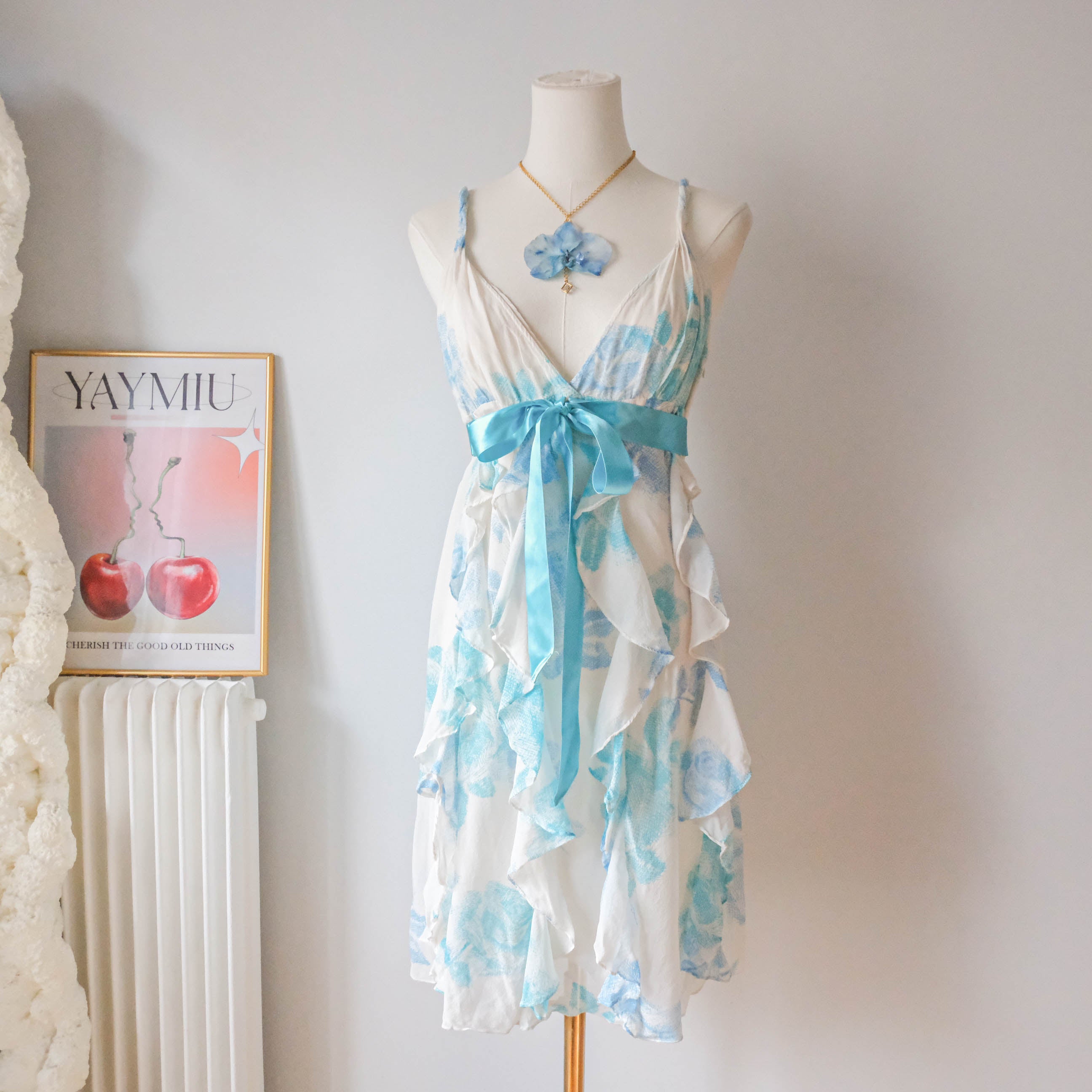 Vintage Romantic Floral Ruffled Silk Dress