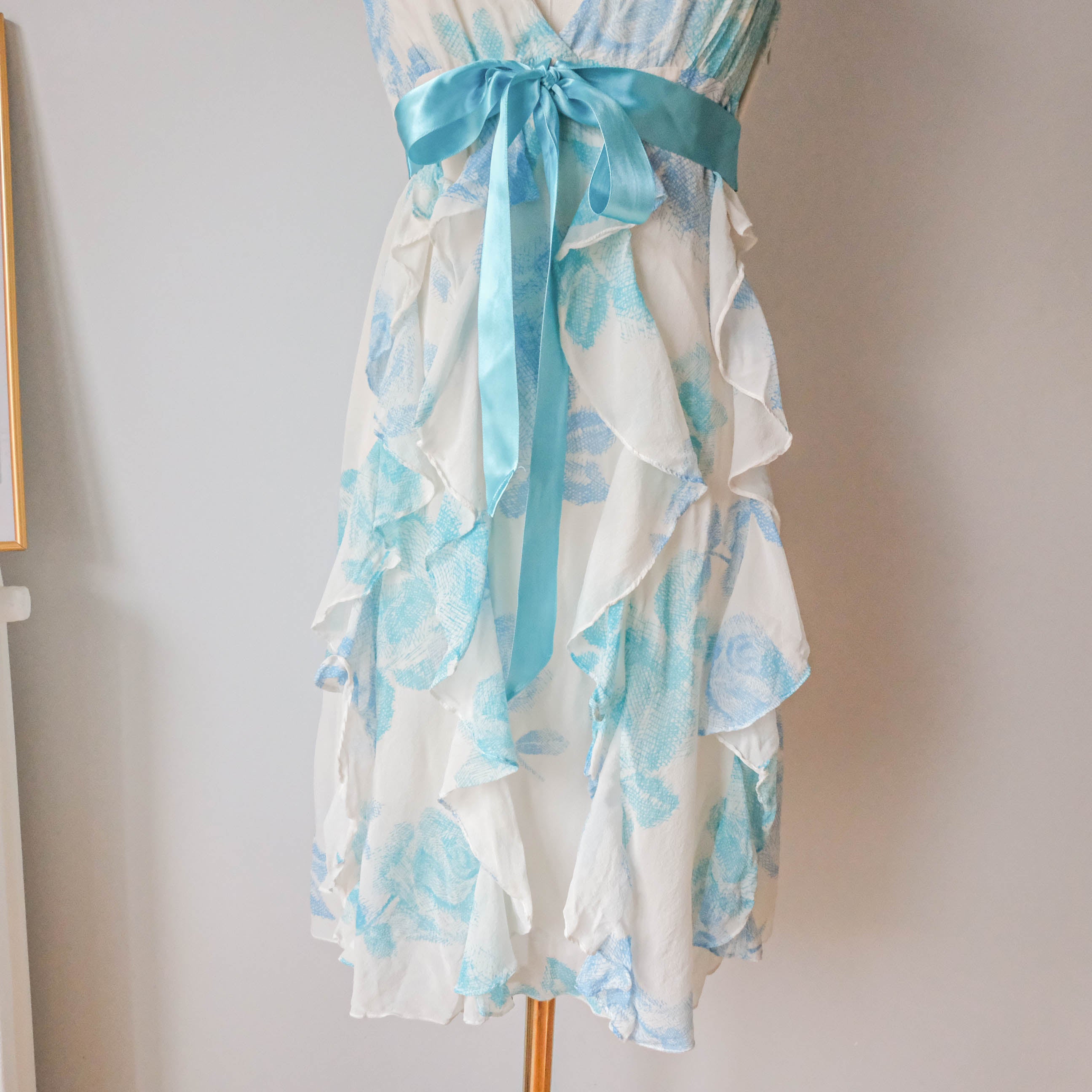 Vintage Romantic Floral Ruffled Silk Dress