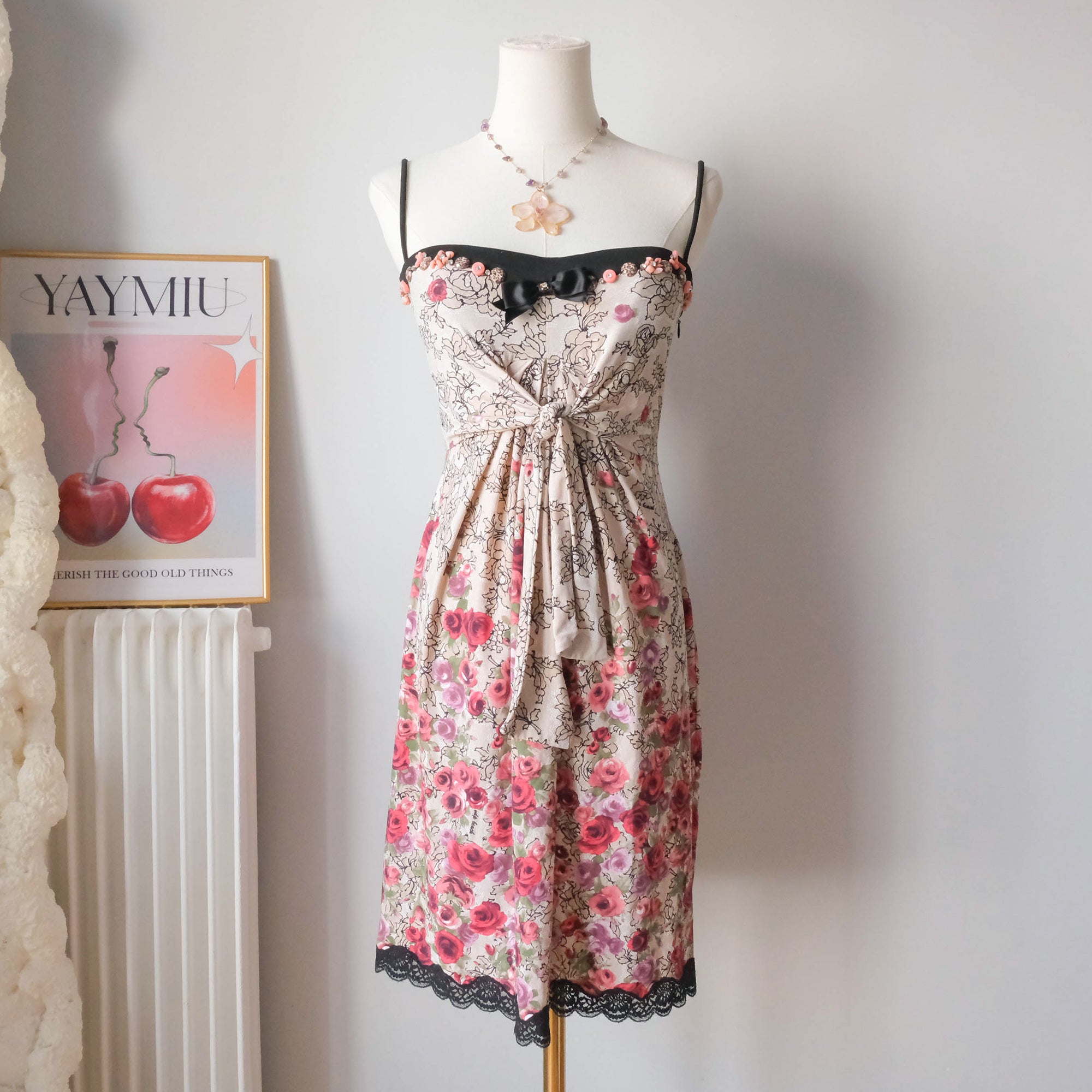 Vintage Italian Floral Dress with Stone Beads