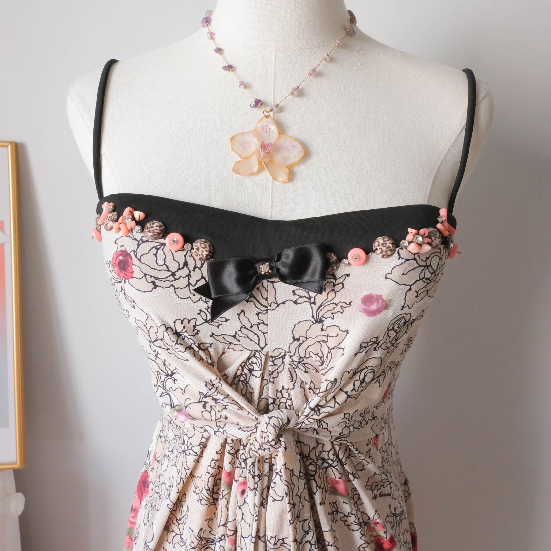 Vintage Italian Floral Dress with Stone Beads