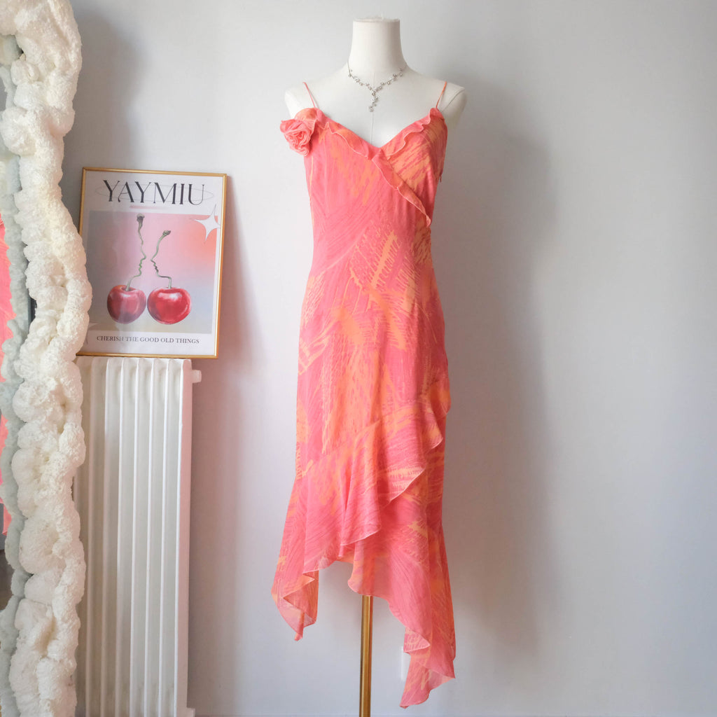 ESPRIT Vintage Y2K Asymmetrical Ruffled Midi Dress
