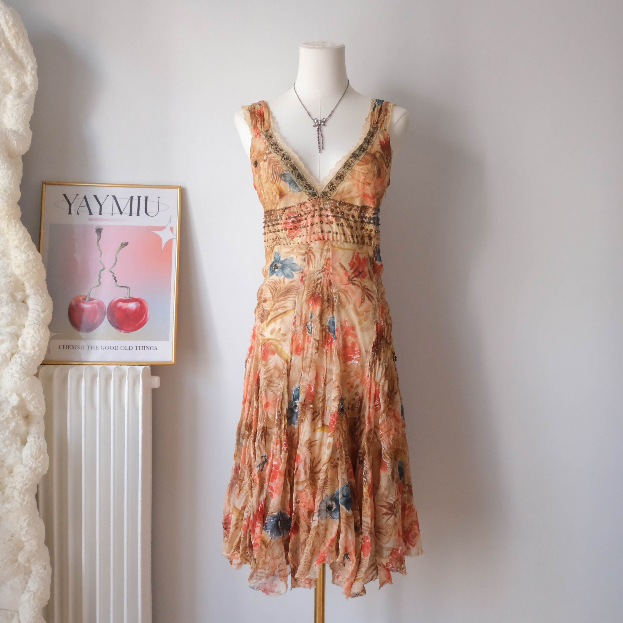 Vintage Italian Romantic Cottage Beaded Floral Dress