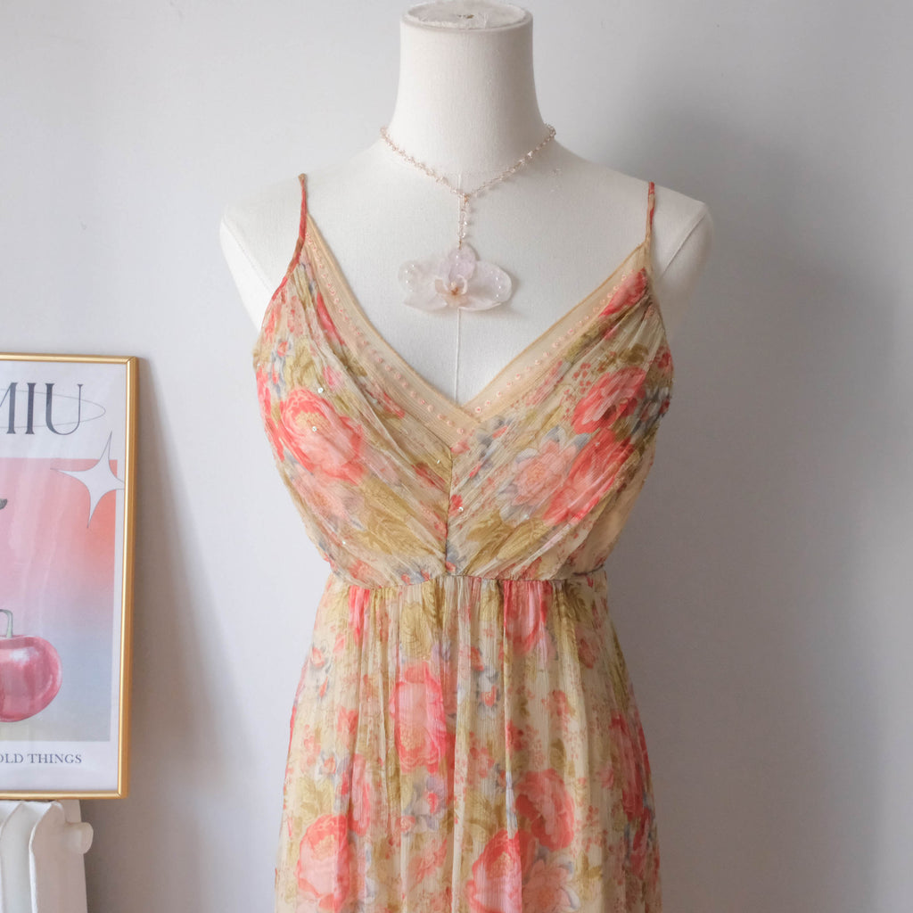 DERHY Vintage Beautiful Cottage Fairy Floral Embellisment Midi Dress