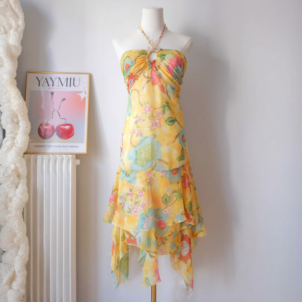 Vintage Summery Flowy Beaded Floral Halter Dress
