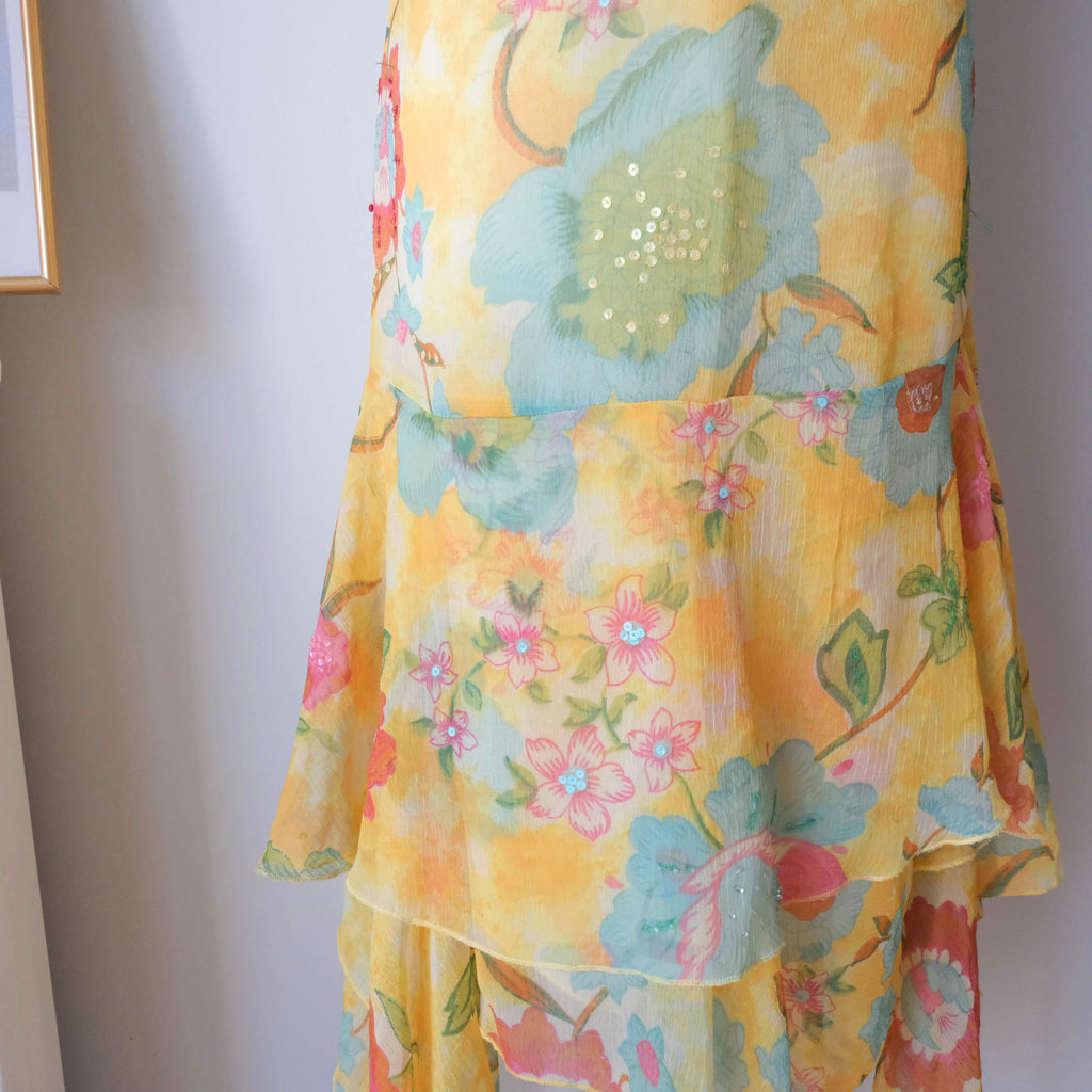 Vintage Summery Flowy Beaded Floral Halter Dress