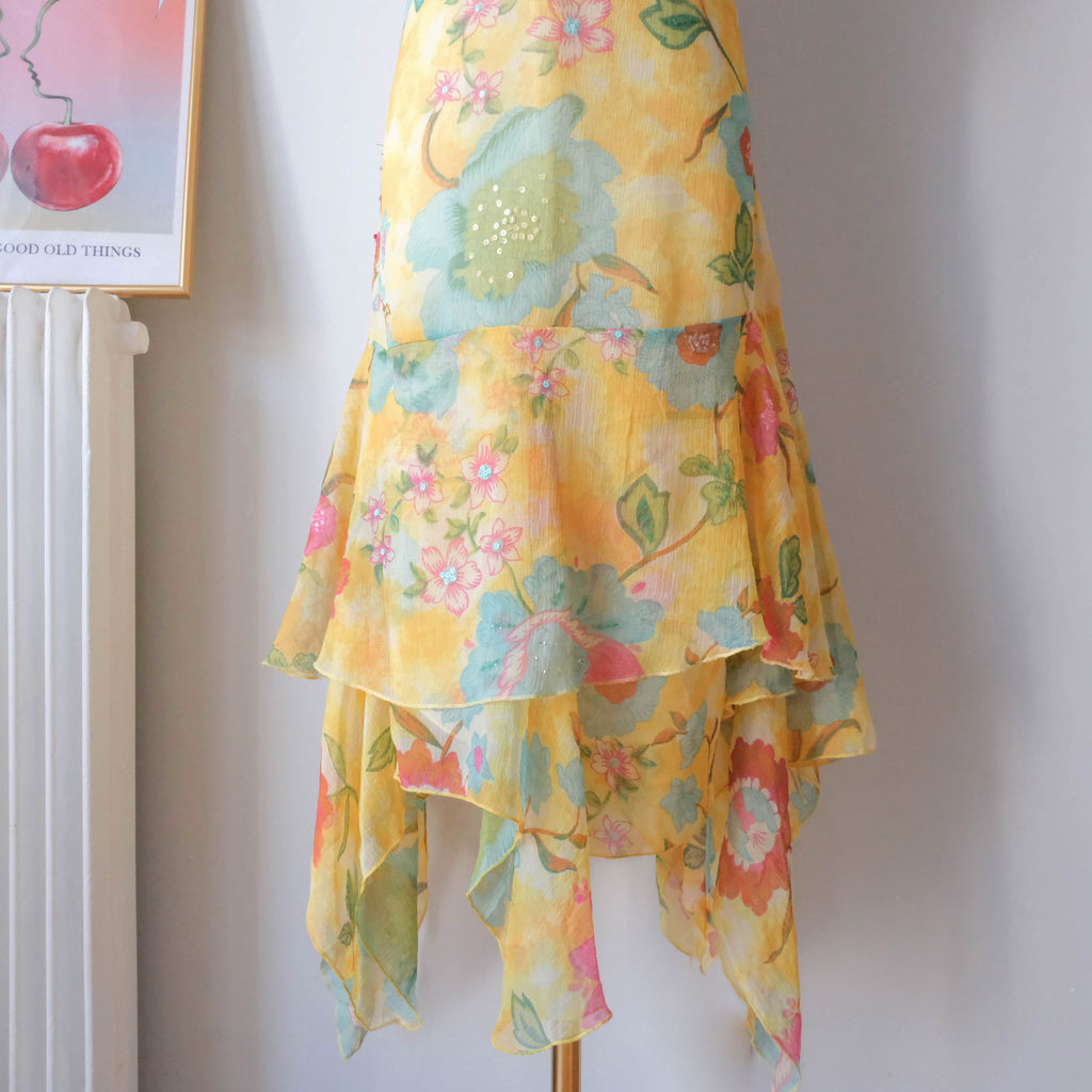 Vintage Summery Flowy Beaded Floral Halter Dress