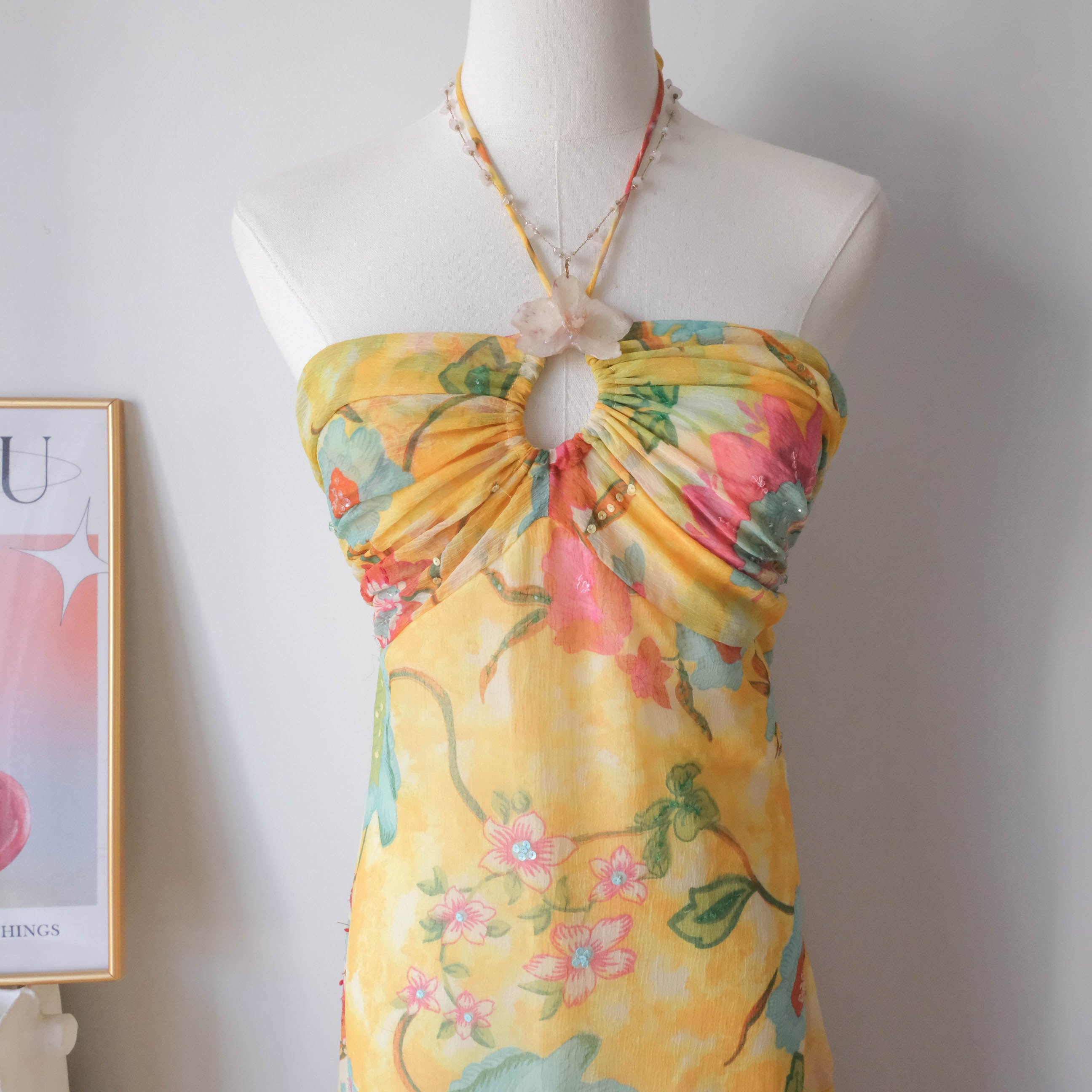 Vintage Summery Flowy Beaded Floral Halter Dress