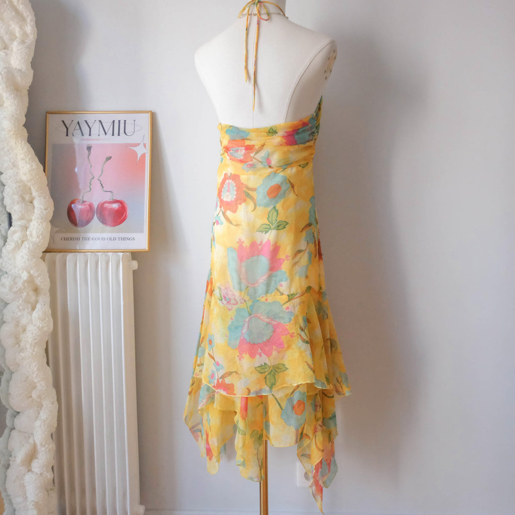 Vintage Summery Flowy Beaded Floral Halter Dress