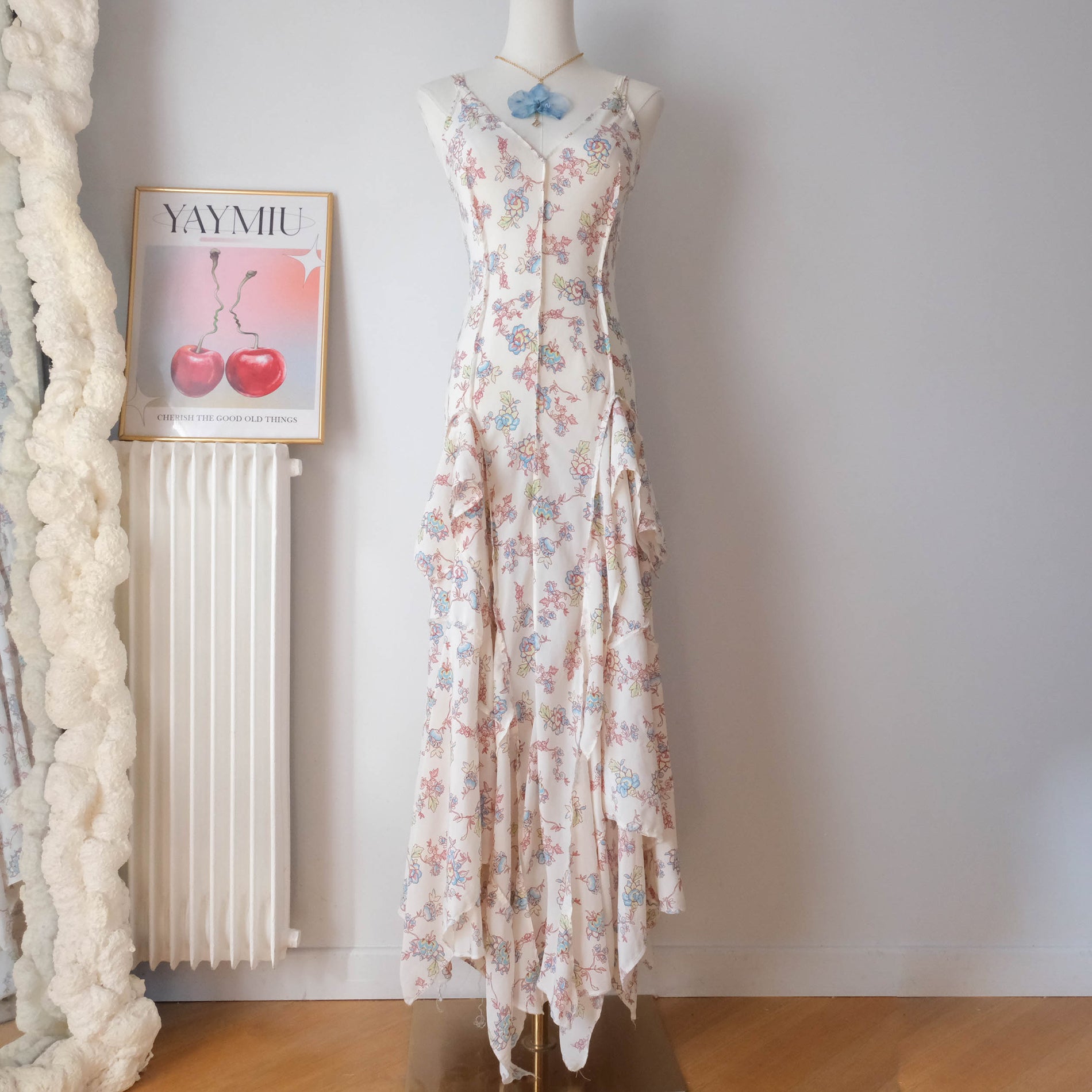 Vintage Asymmetrical Floral Maxi Dress with Ruffle
