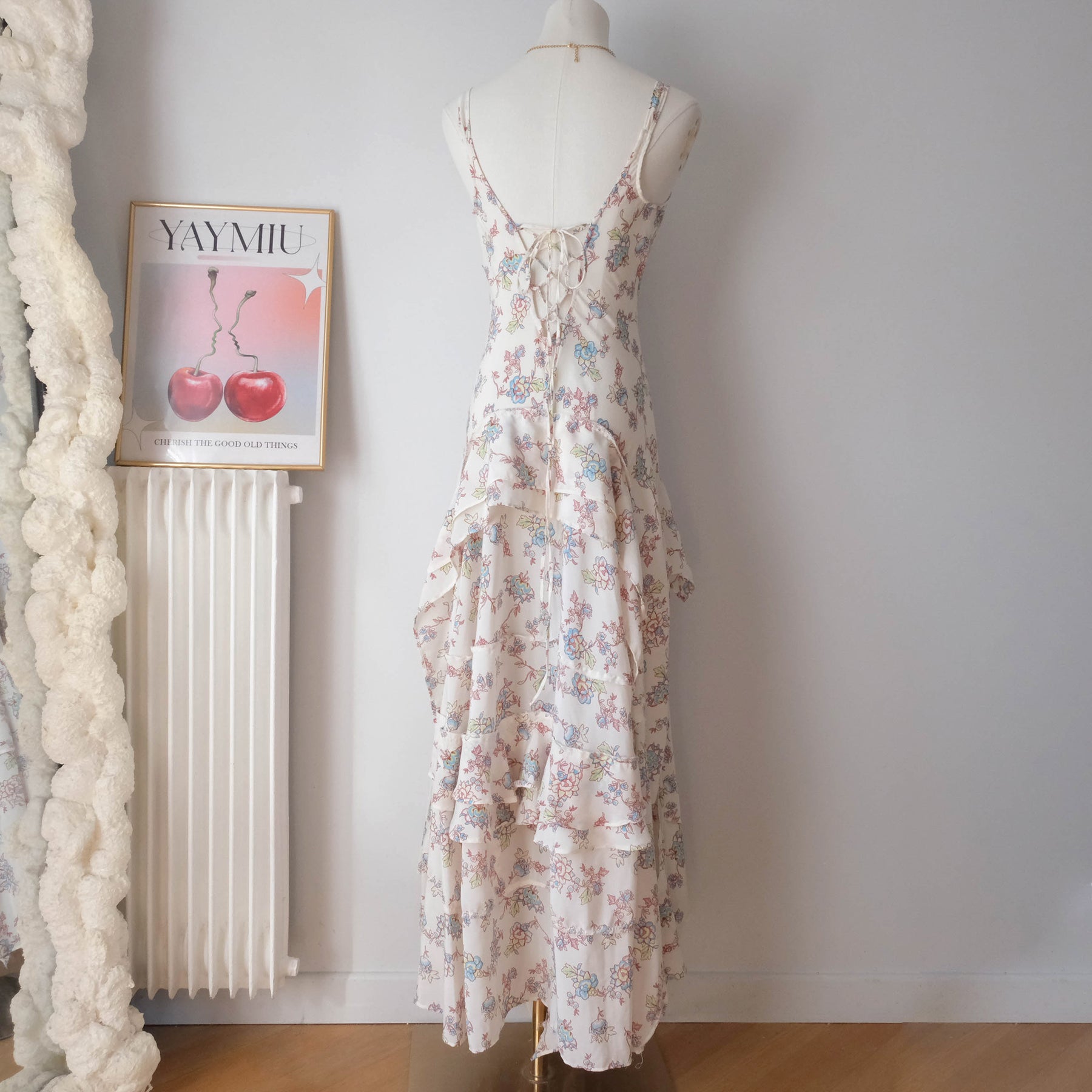Vintage Asymmetrical Floral Maxi Dress with Ruffle