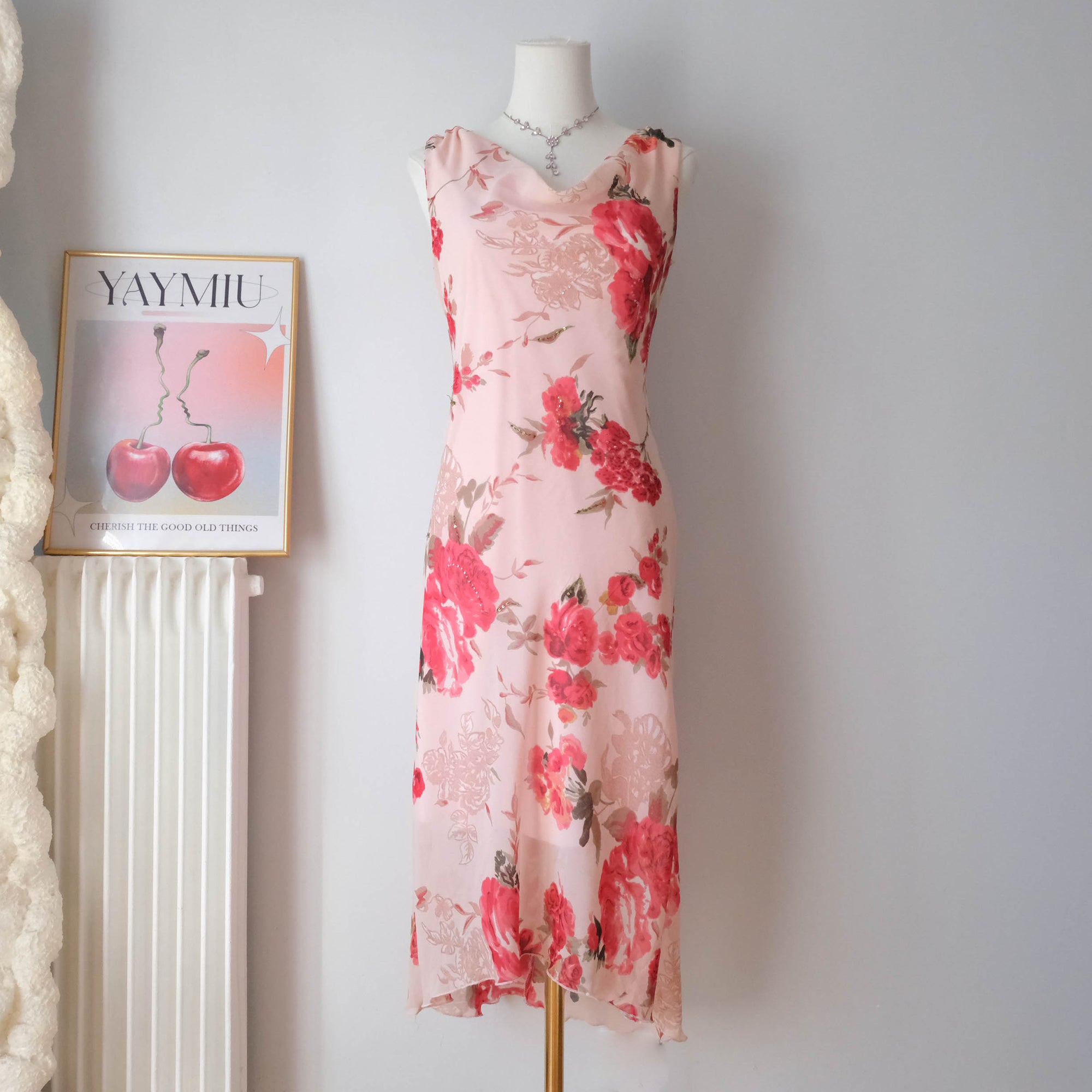 Vintage Beaded Floral Dress with Cowl Neckline