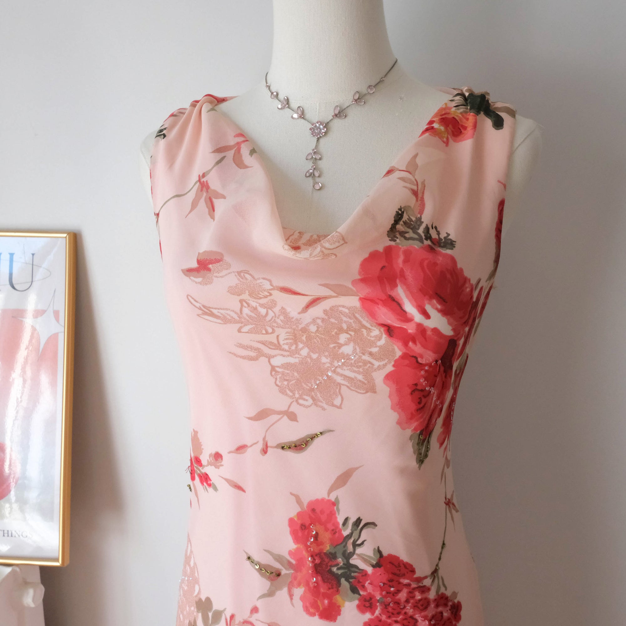 Vintage Beaded Floral Dress with Cowl Neckline