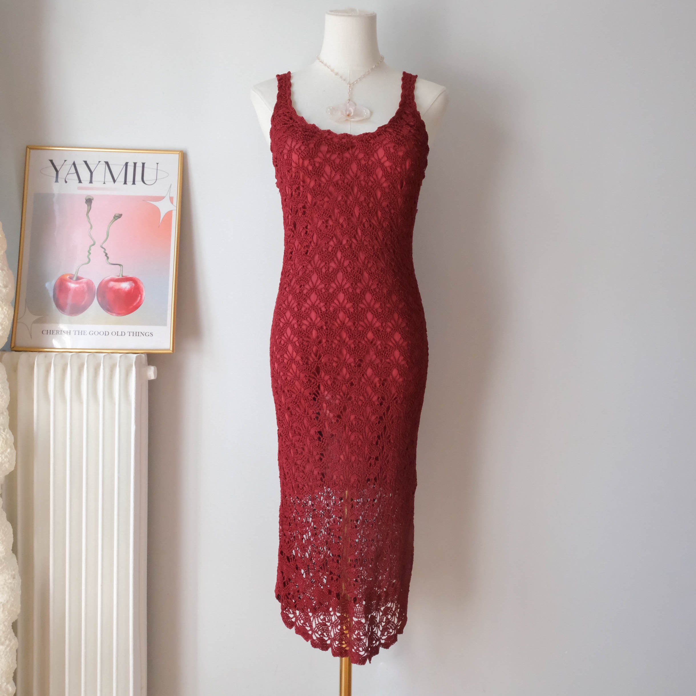 DERHY Vintage Sultry Scarlet Crochet Midi Dress