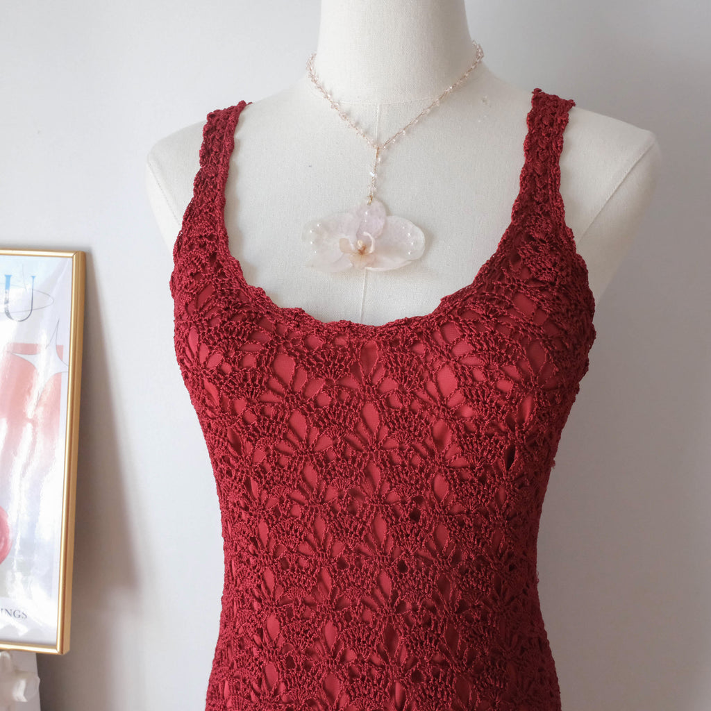 DERHY Vintage Sultry Scarlet Crochet Midi Dress