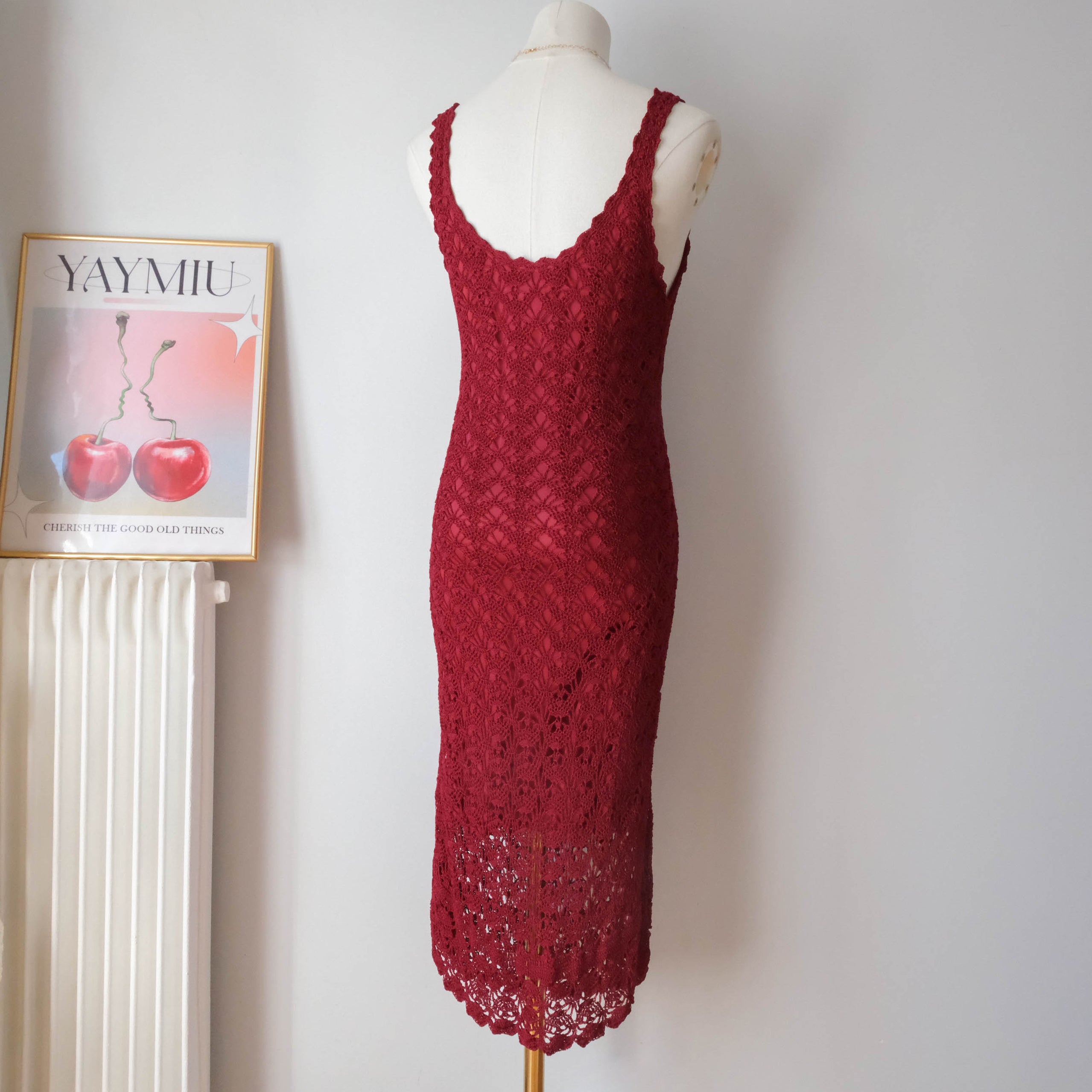 DERHY Vintage Sultry Scarlet Crochet Midi Dress