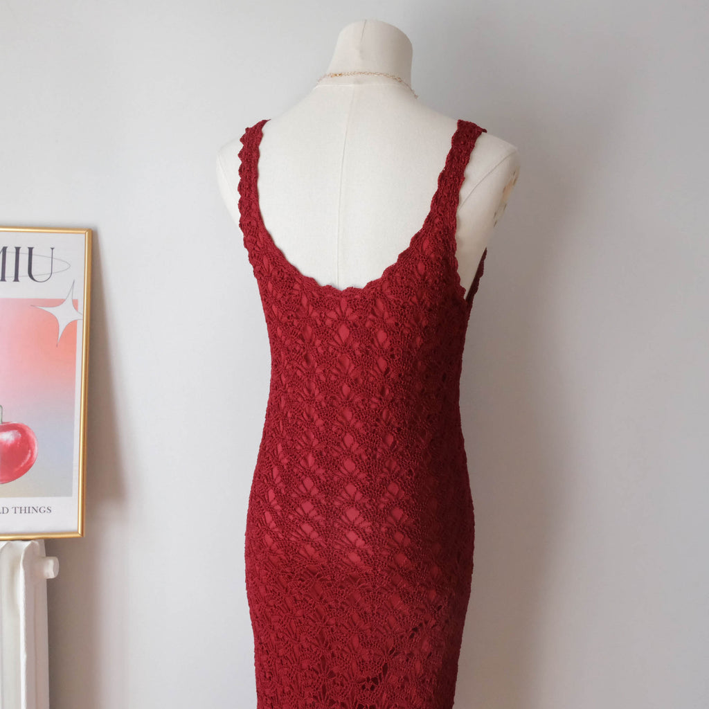 DERHY Vintage Sultry Scarlet Crochet Midi Dress