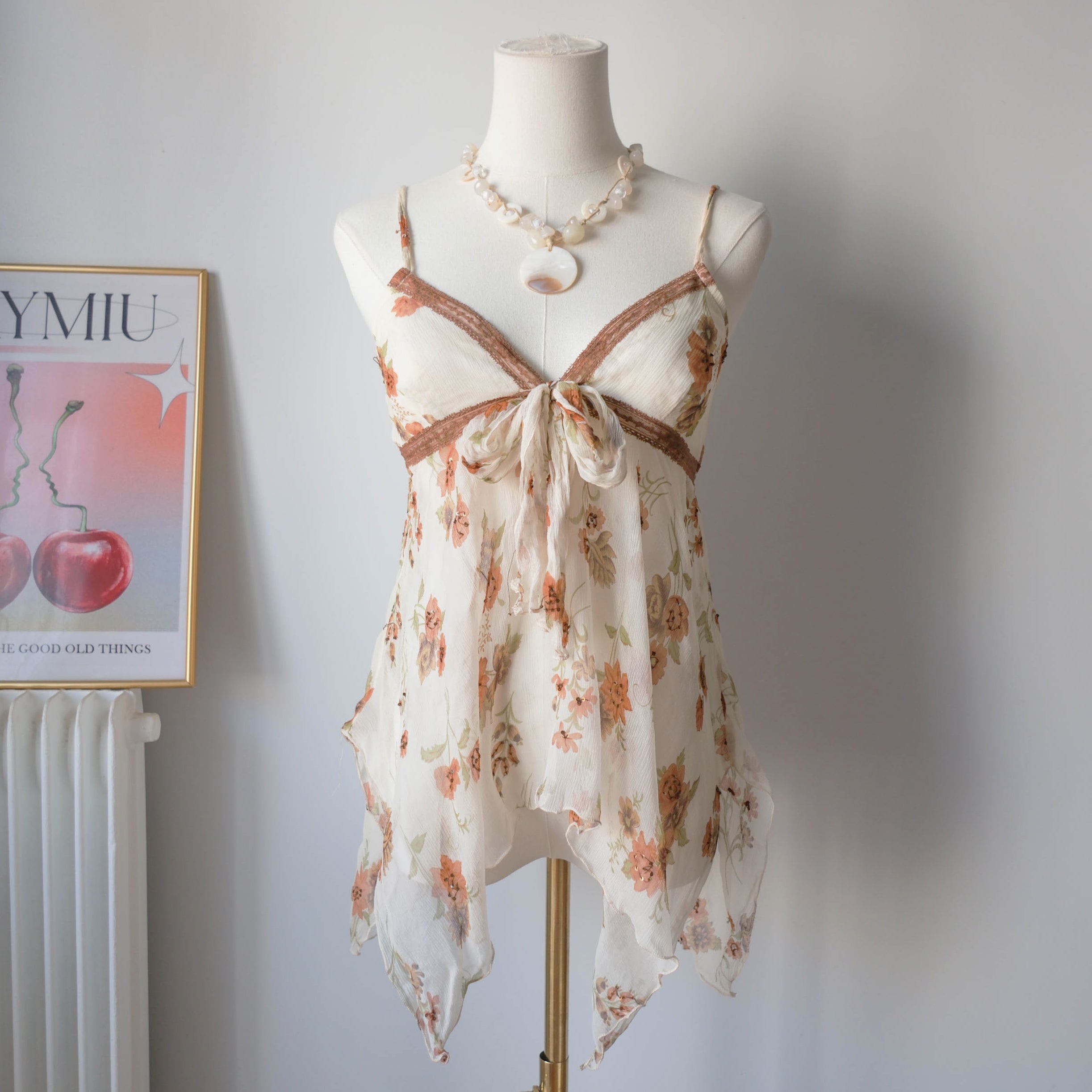 Vintage Dreamy Floral Silk Cami with Sequins