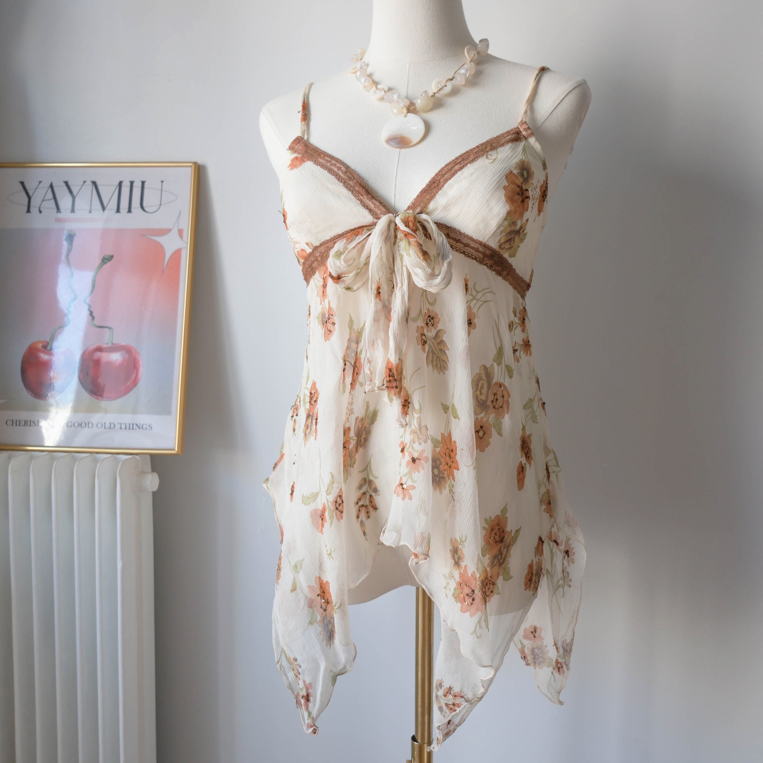 Vintage Dreamy Floral Silk Cami with Sequins
