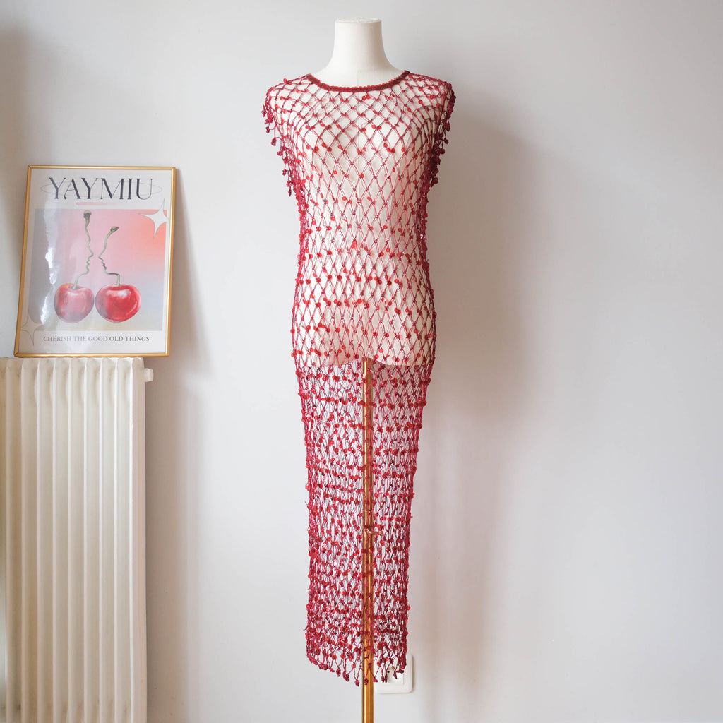 Vintage Beach Sequins Crochet Fishnet Dress