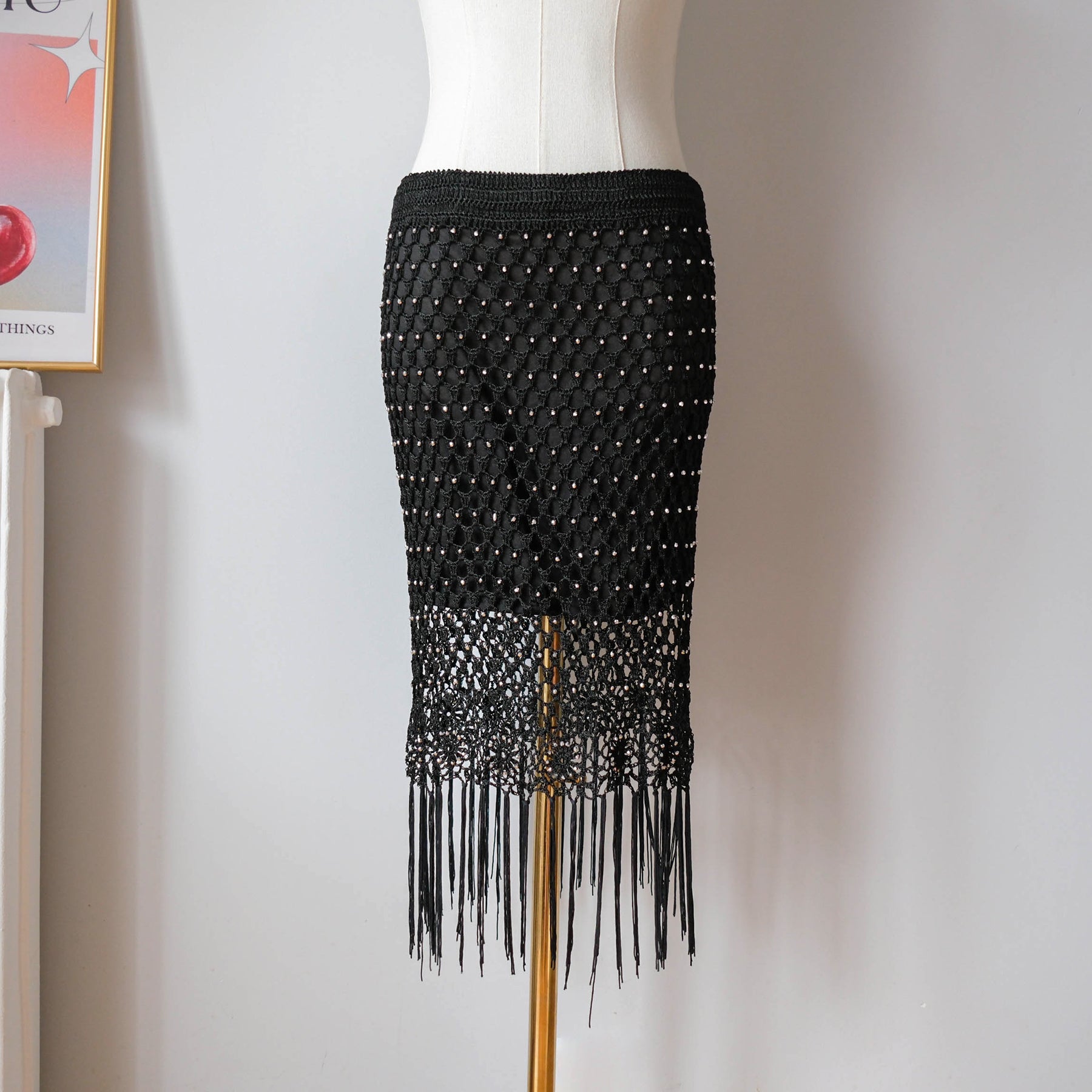 Vintage Beaded Crochet Fringe Midi Skirt