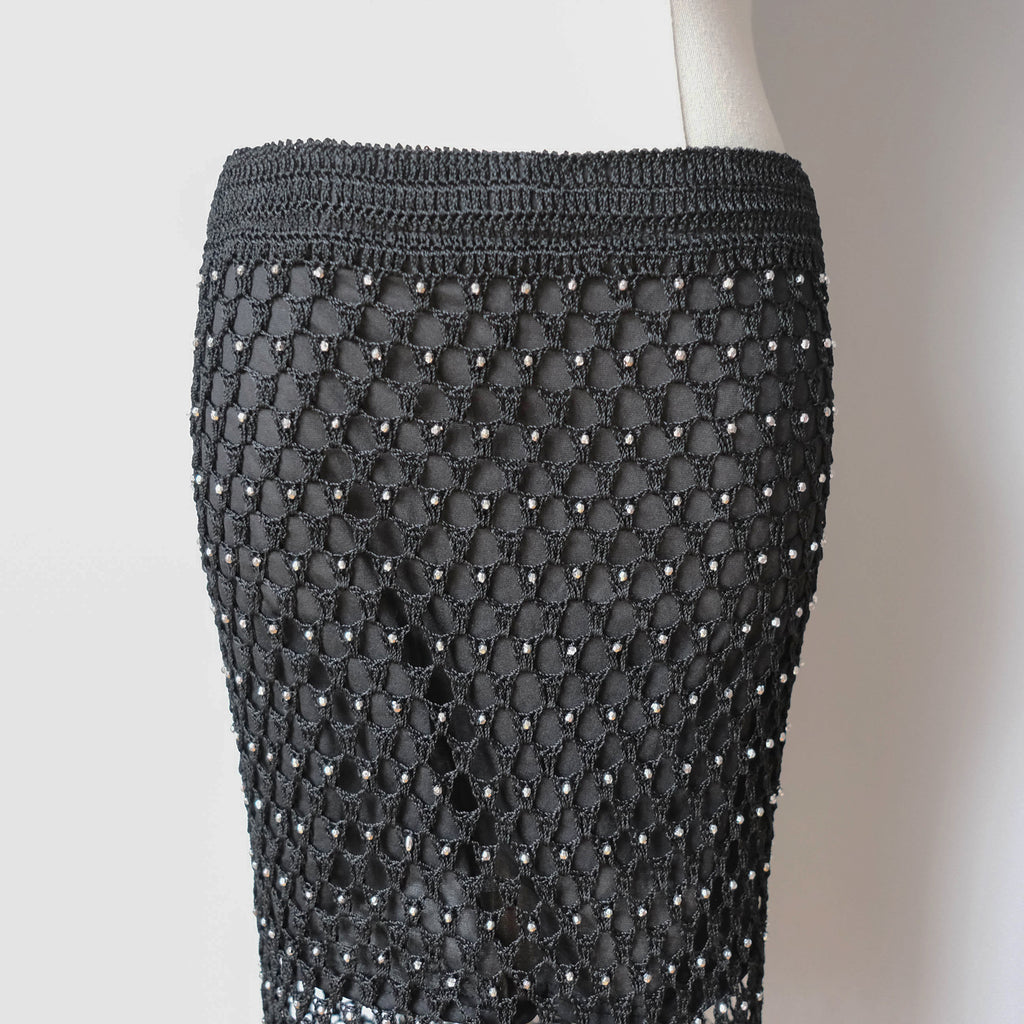 Vintage Beaded Crochet Fringe Midi Skirt