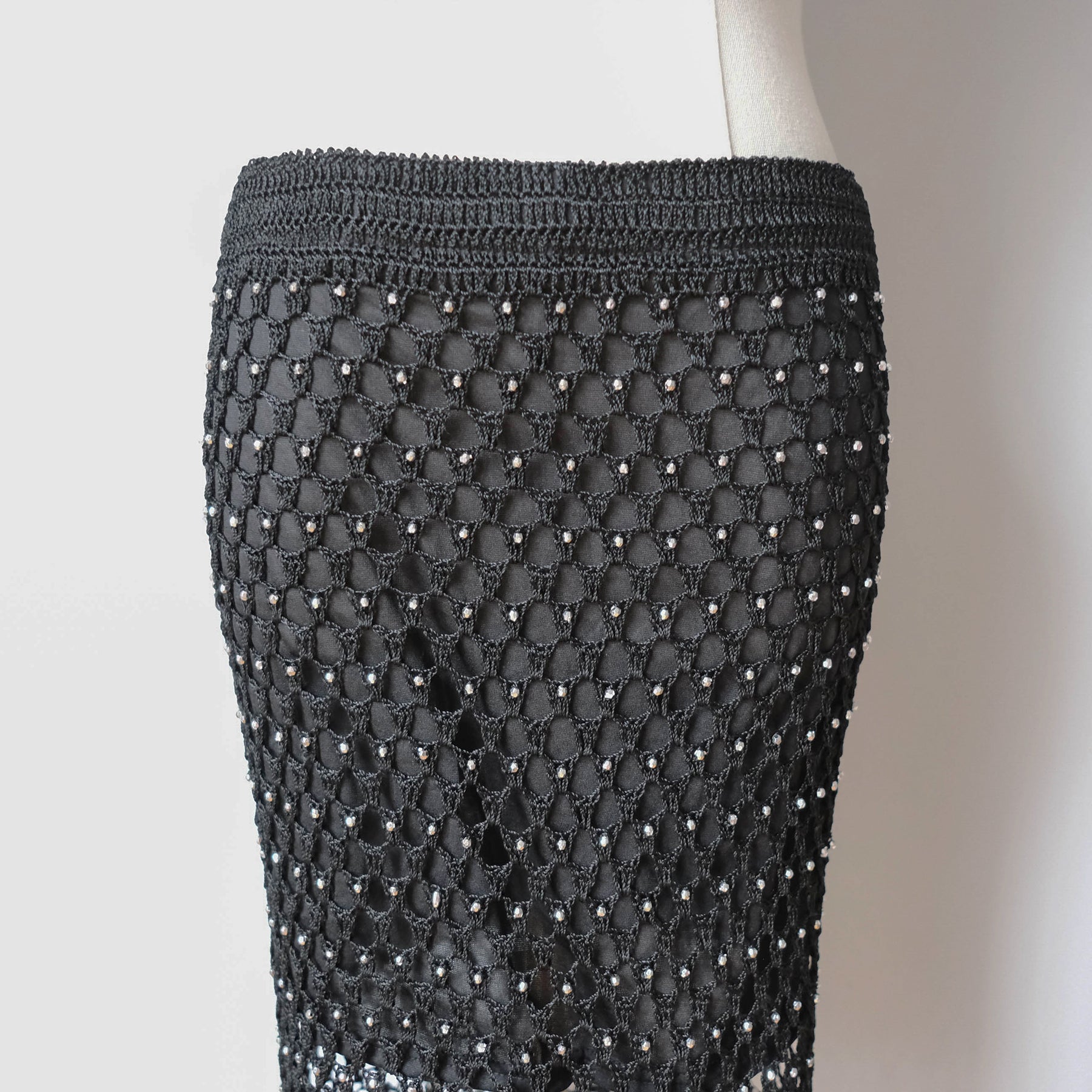 Vintage Beaded Crochet Fringe Midi Skirt