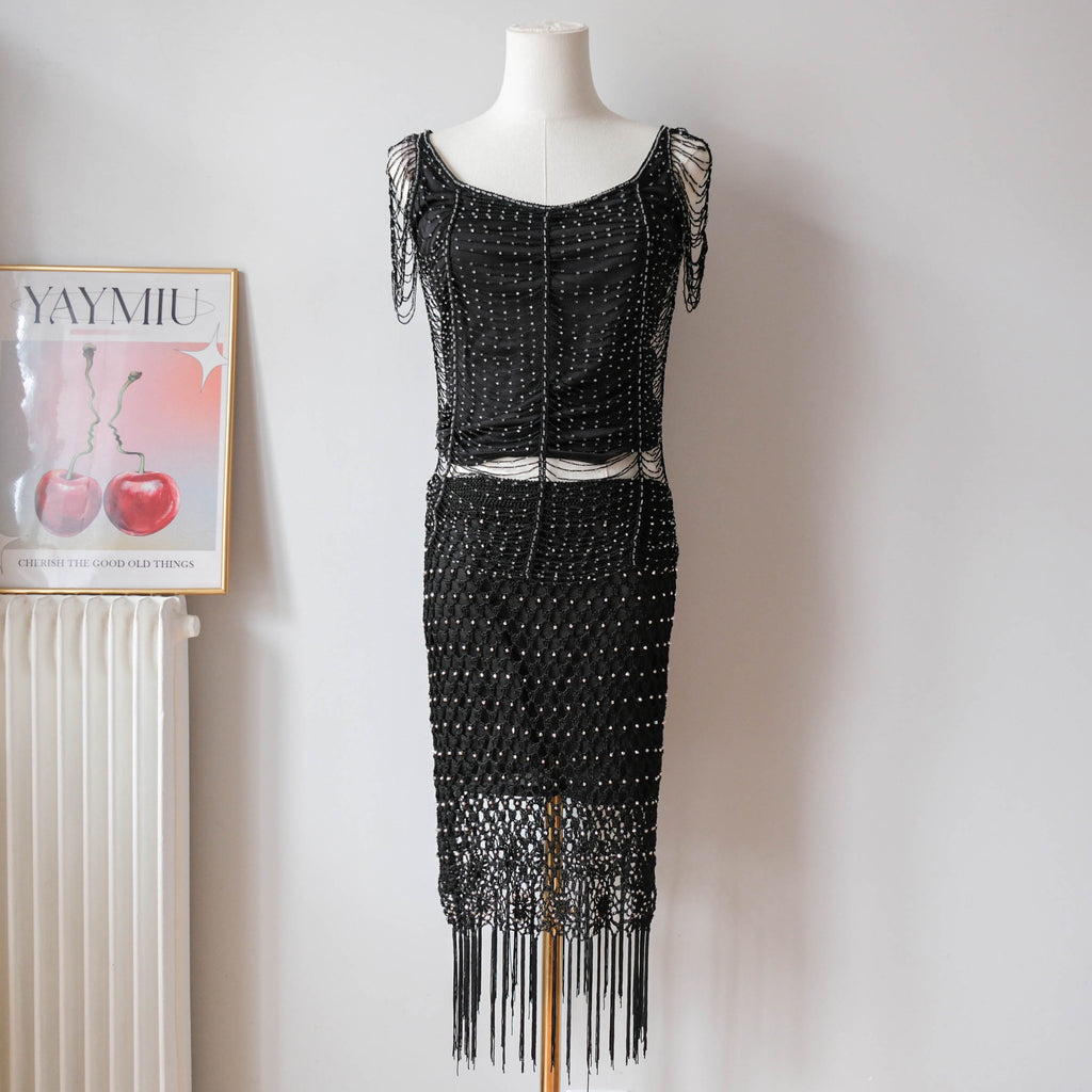Vintage Beaded Crochet Fringe Midi Skirt