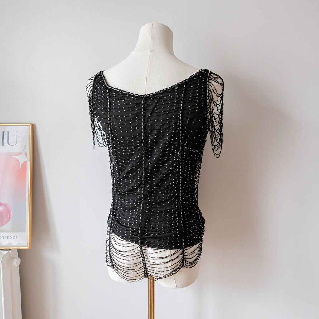 Vintage Glam Crochet Fishnet Sequins Top