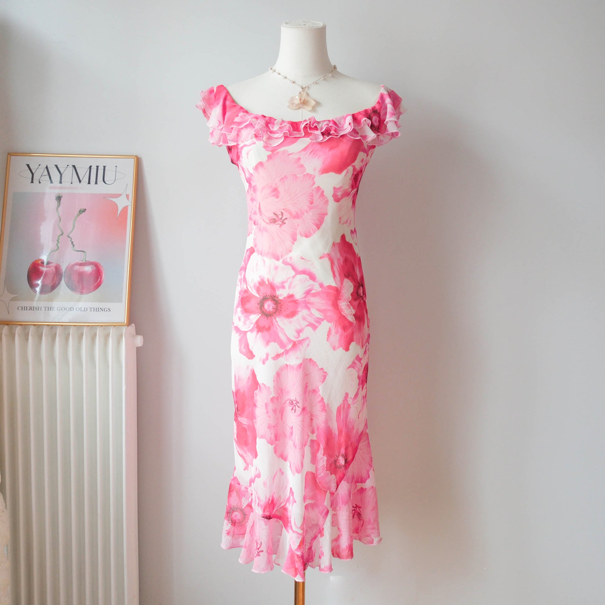 Vintage Summery Flowy Floral Off Shoulder Dress