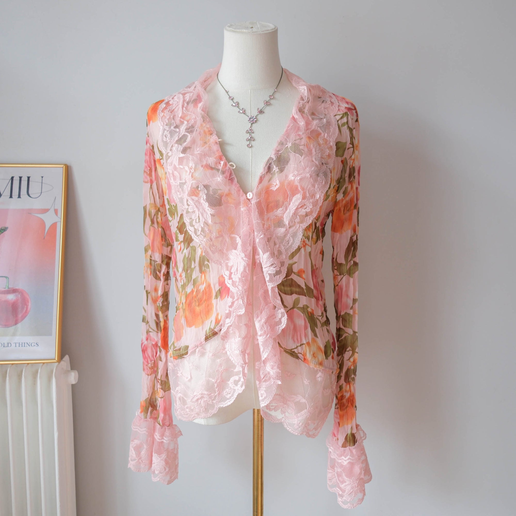 Vintage Y2K Floral Sheer Lace Ruffle Blouse