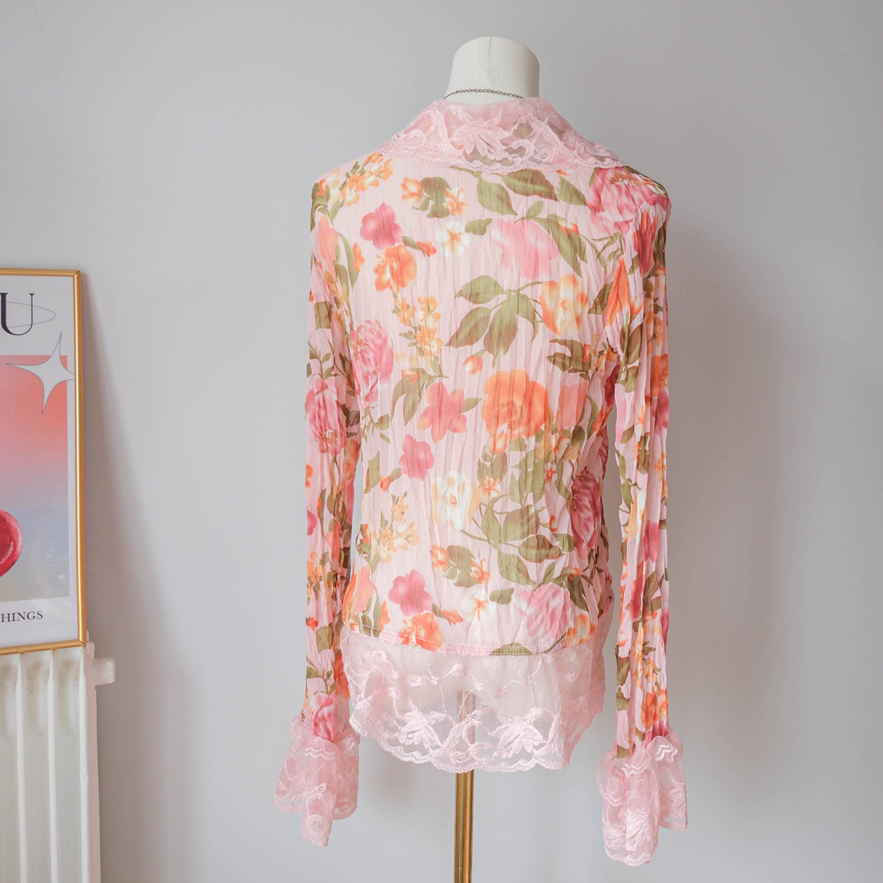 Vintage Y2K Floral Sheer Lace Ruffle Blouse