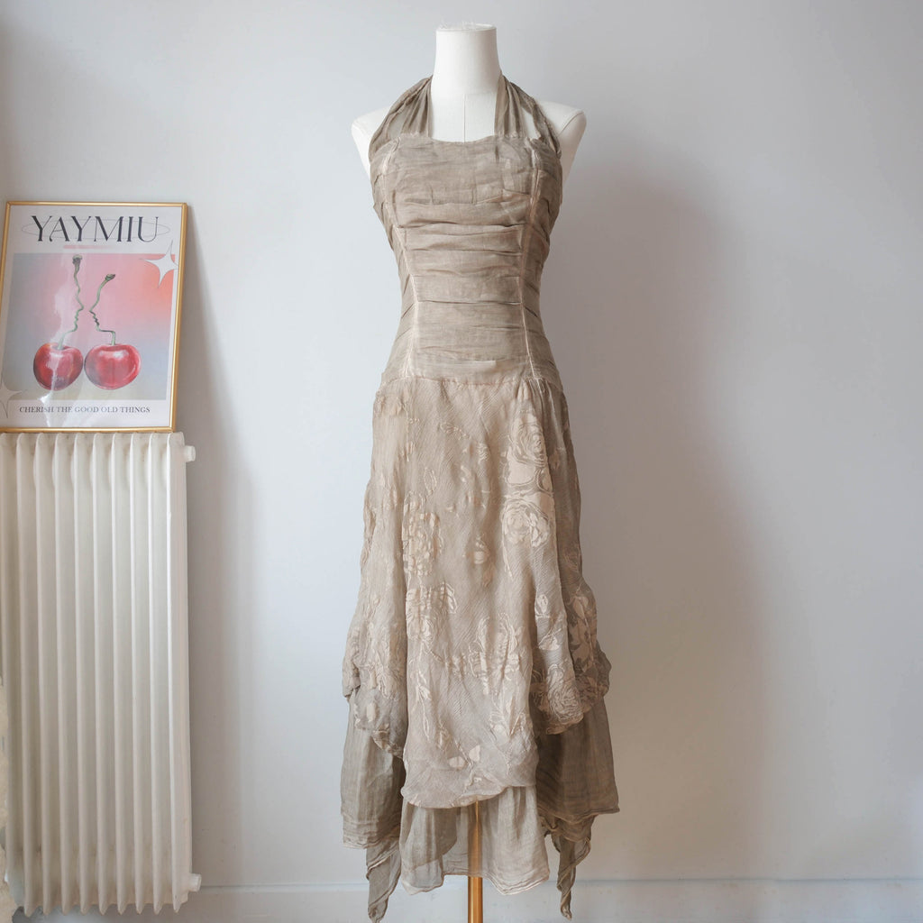 Vintage Grunge Boho Silk Halter Dress