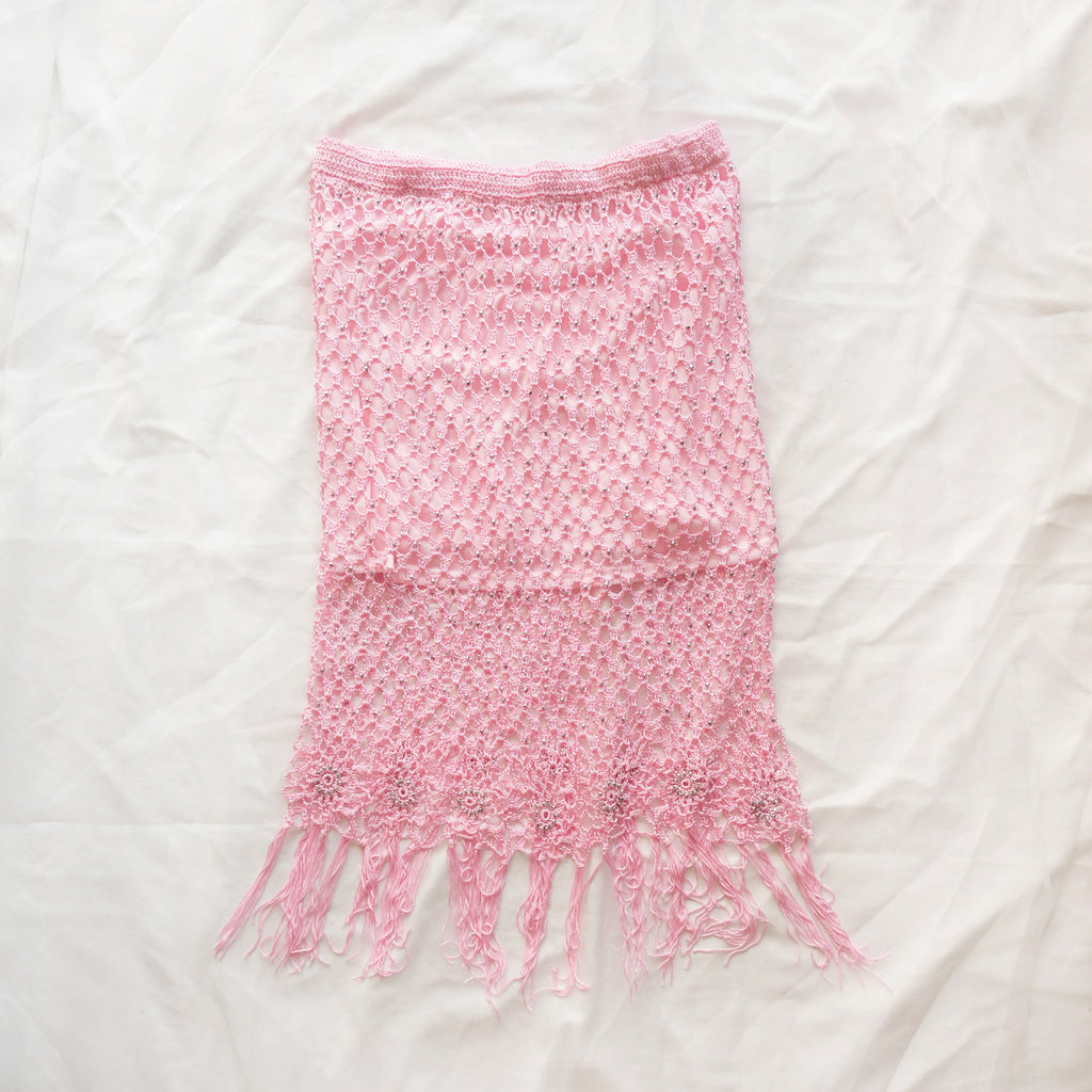 Vintage Beaded Crochet Fringe Midi Skirt