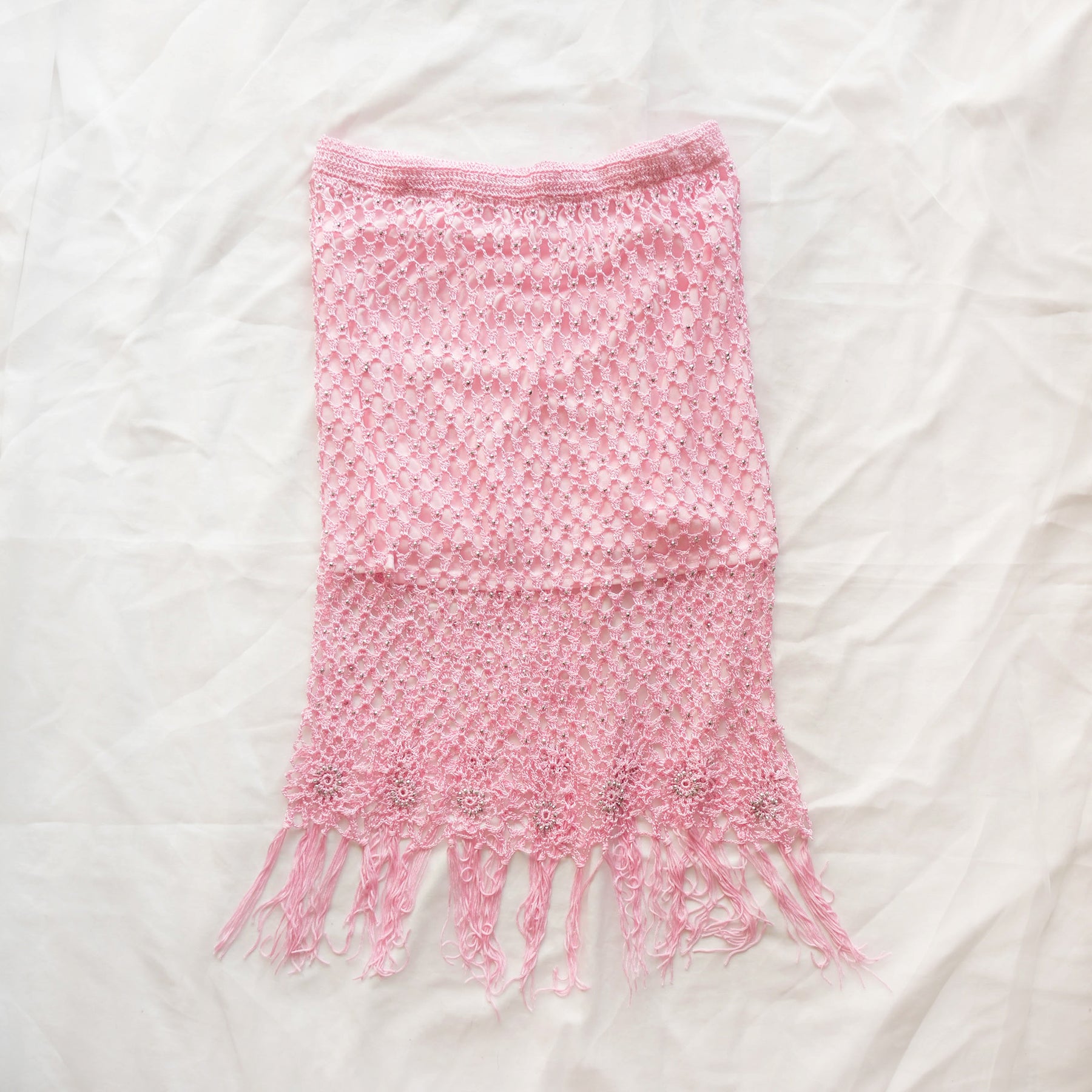 Vintage Beaded Crochet Fringe Midi Skirt