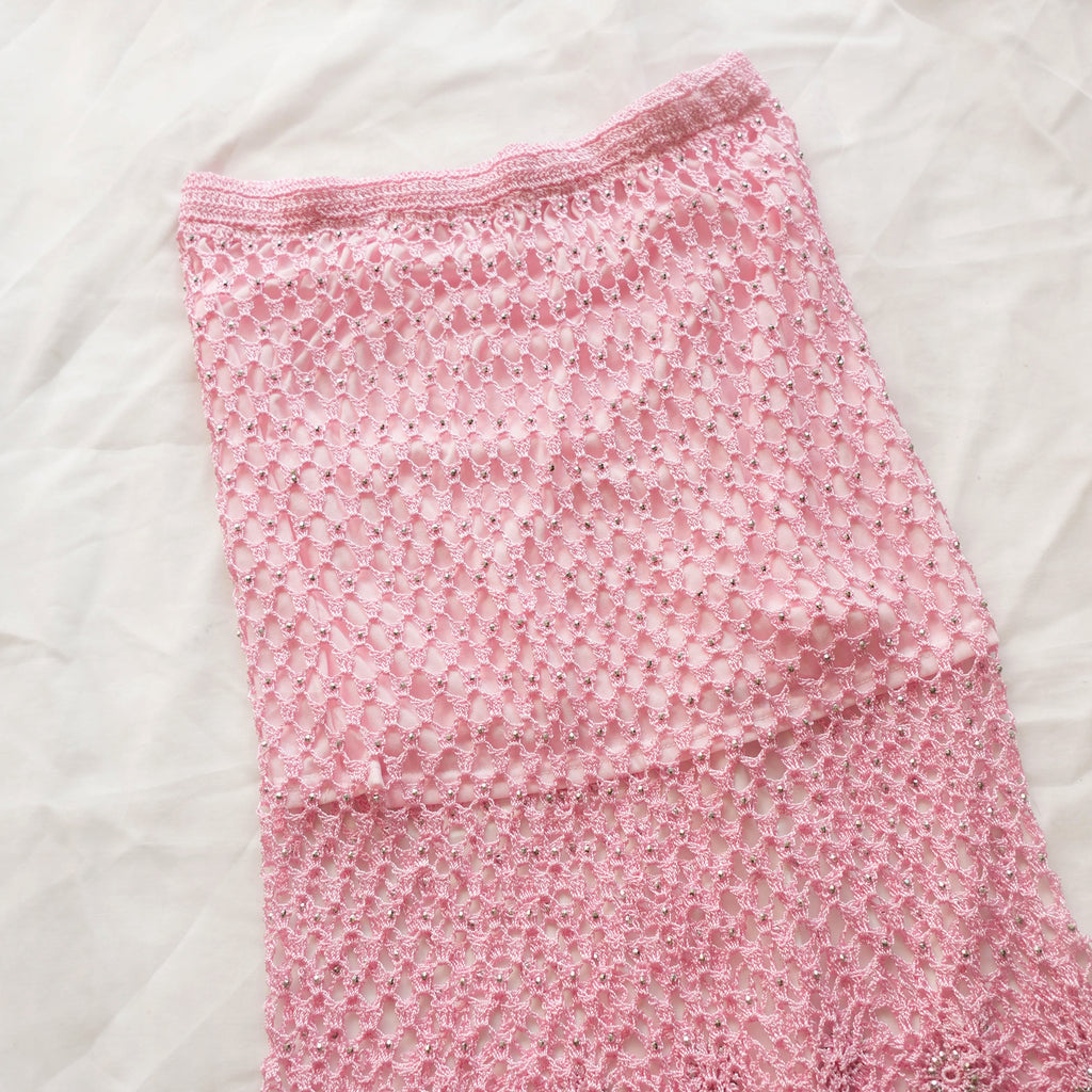 Vintage Beaded Crochet Fringe Midi Skirt