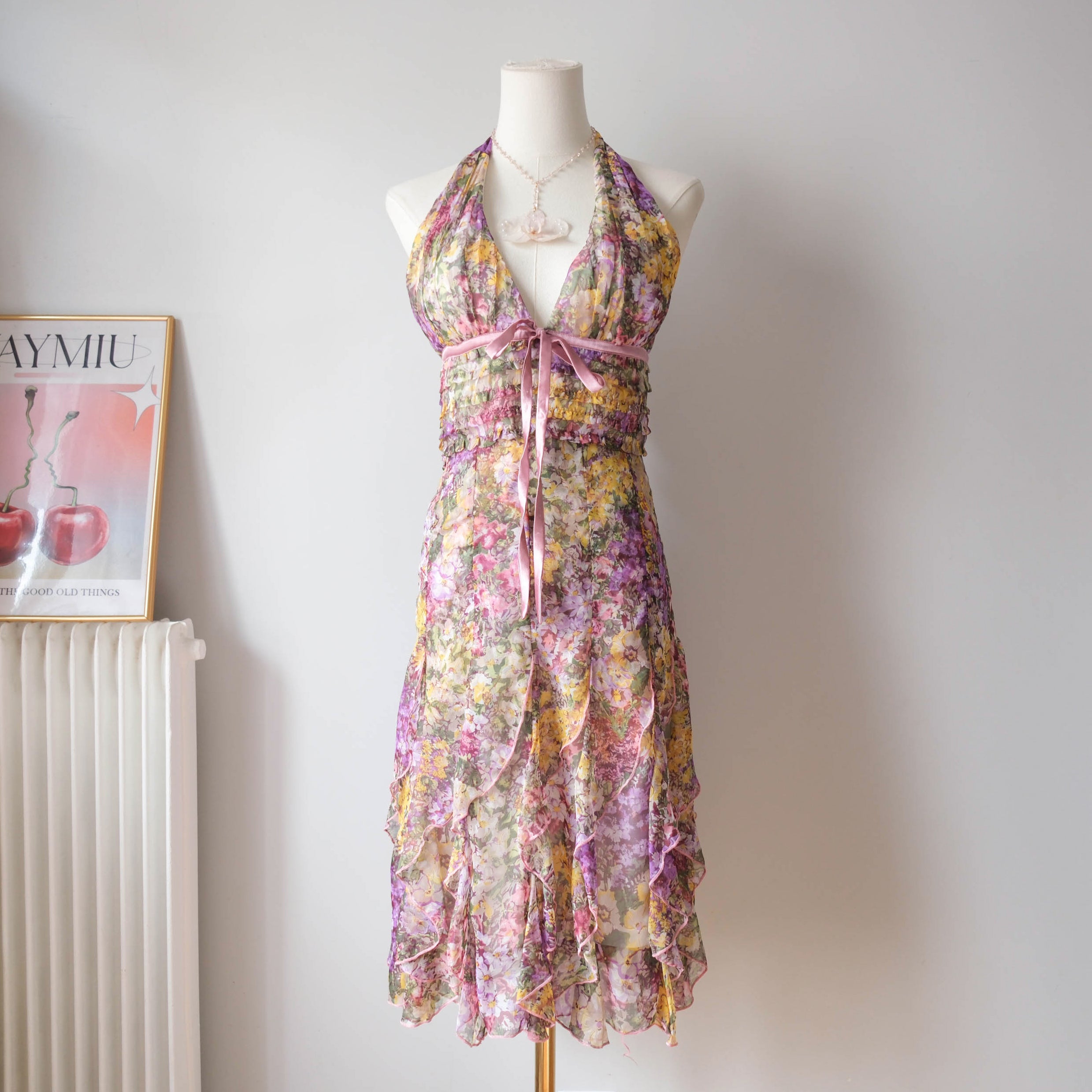 Vintage Romantic Cottage Halter Ruffled Floral Dress