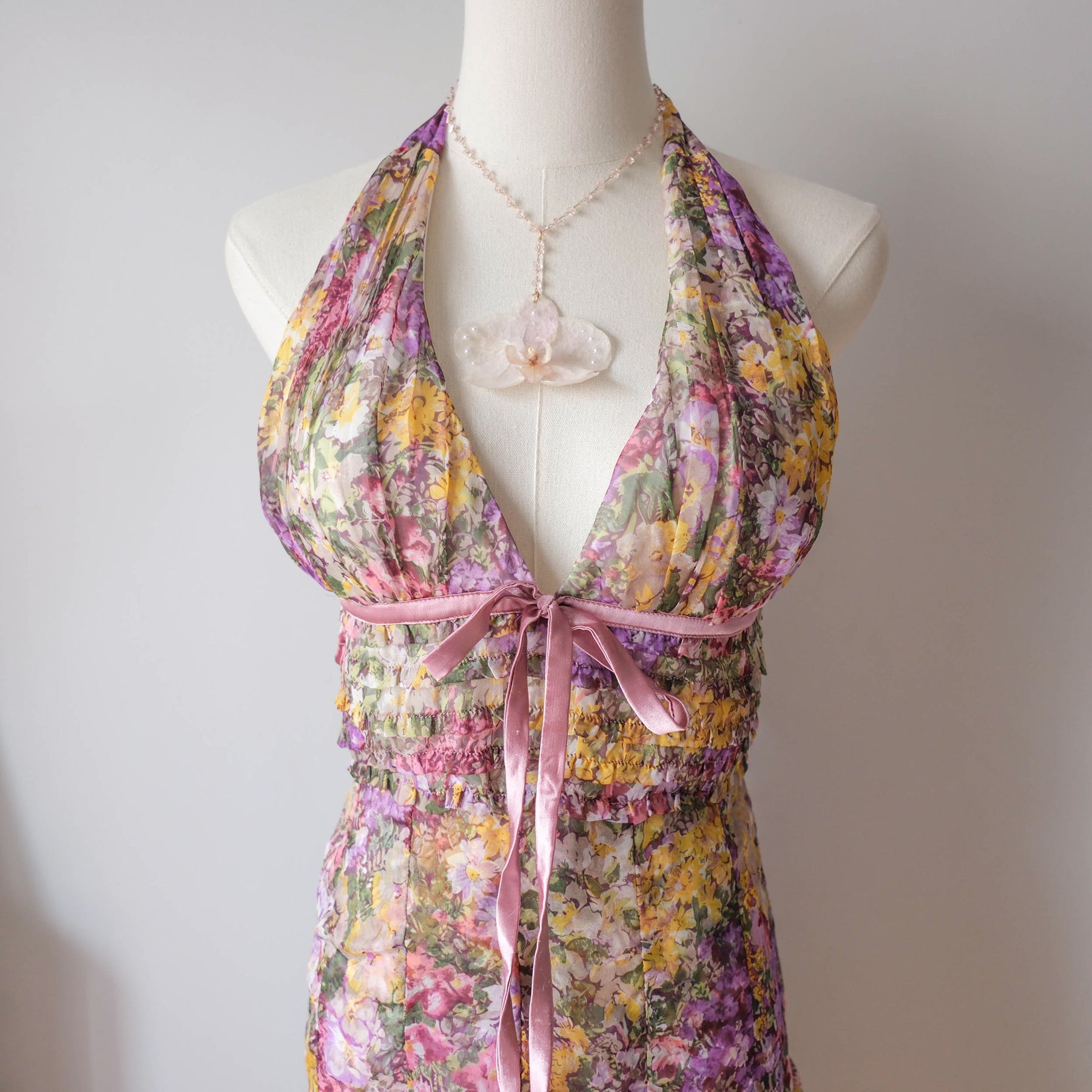 Vintage Romantic Cottage Halter Ruffled Floral Dress